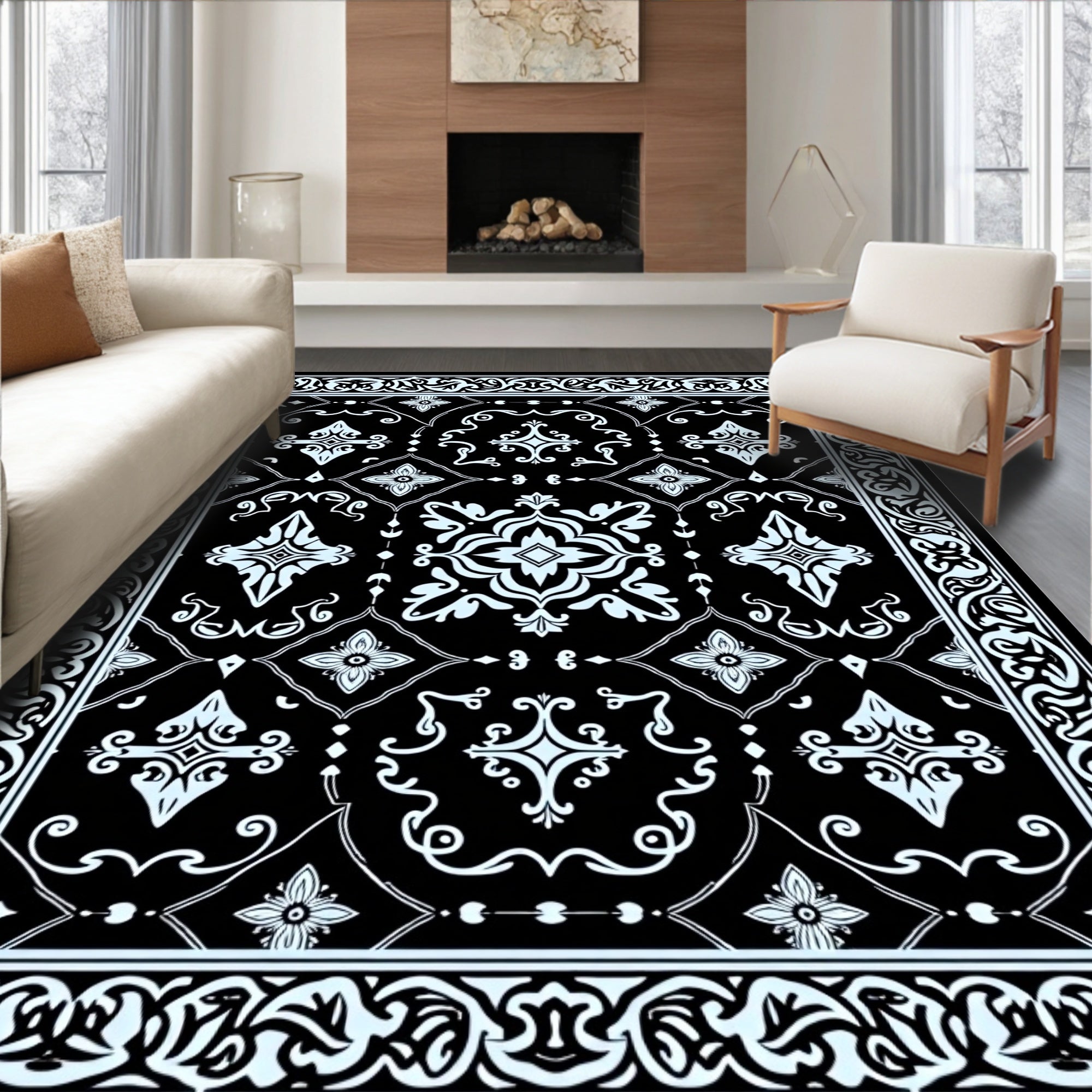 Ornate Floral Black White Pattern Rug