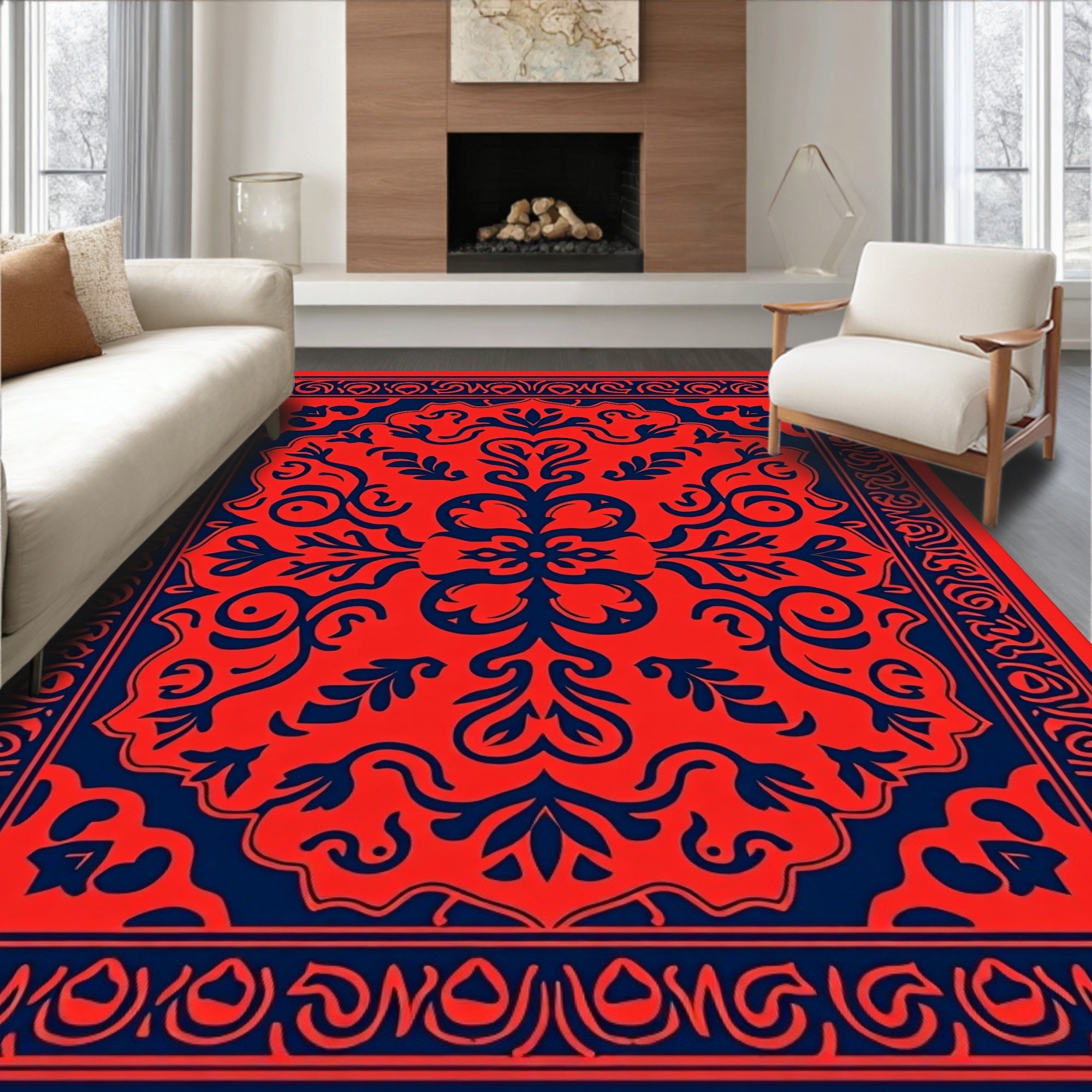 Bold Floral Symmetry Red and Blue Rug