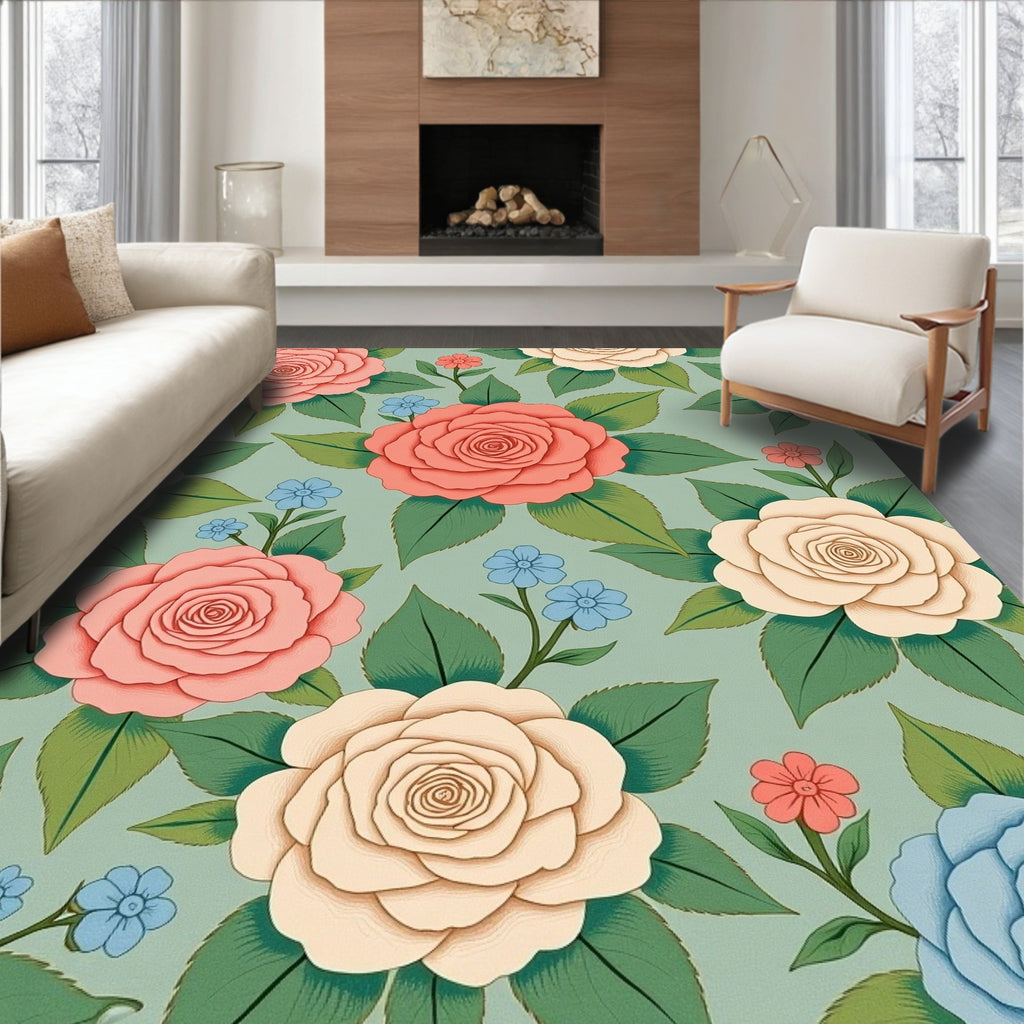Charming Pink Beige Blue Rose Pattern Rug