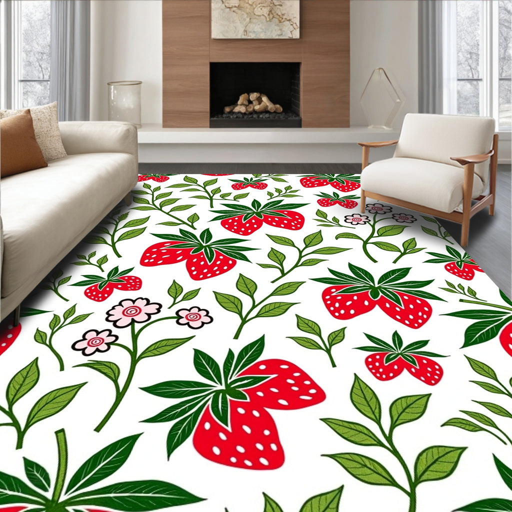 Fresh Strawberry and Leaf Pattern Rug
