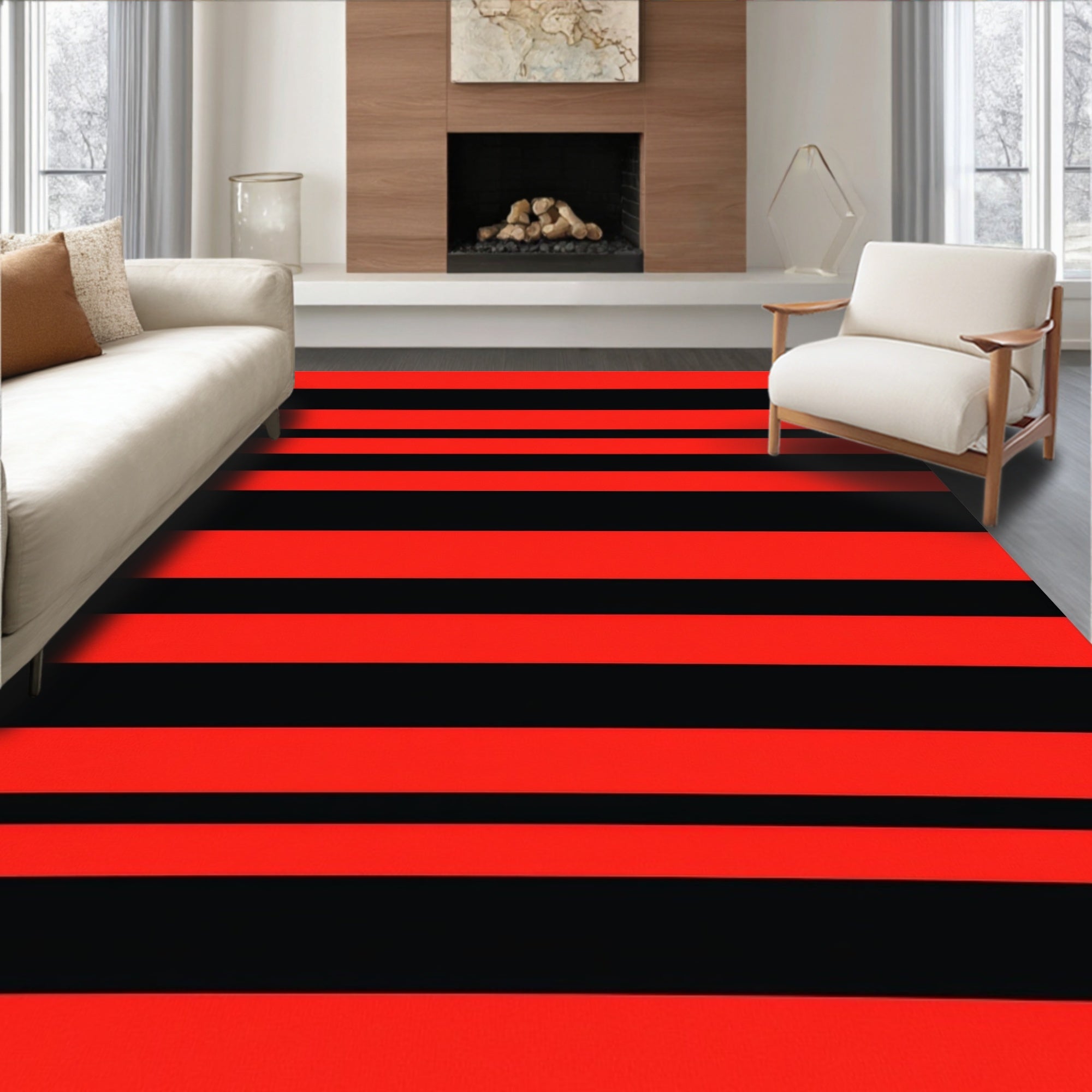 Bold Red Black Stripe Pattern Rug