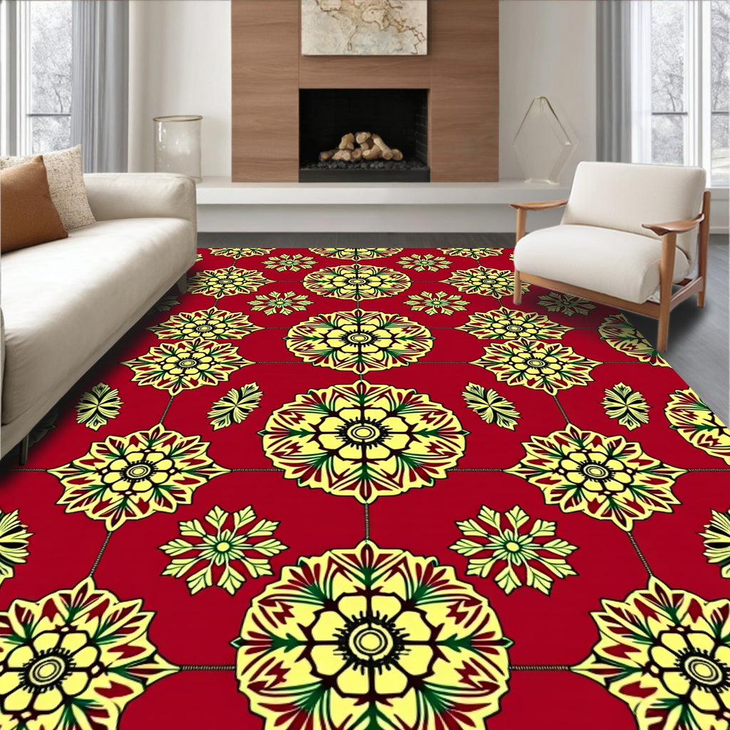 Red Yellow Floral Medallion Pattern Rug