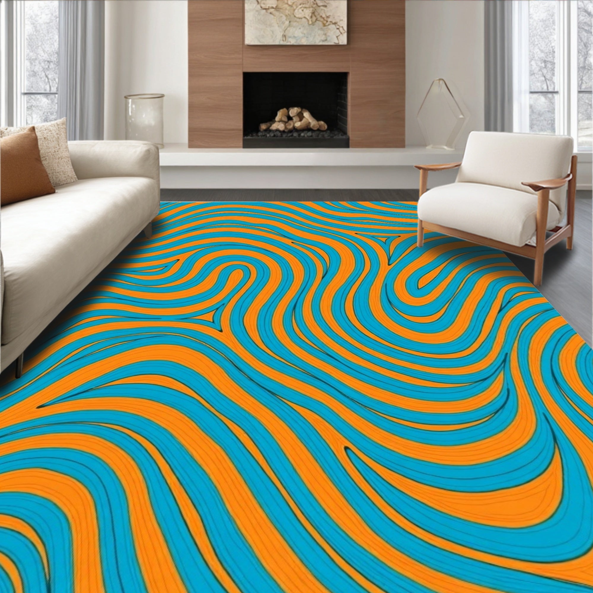 Flowing Orange Teal Abstract Pattern Rug