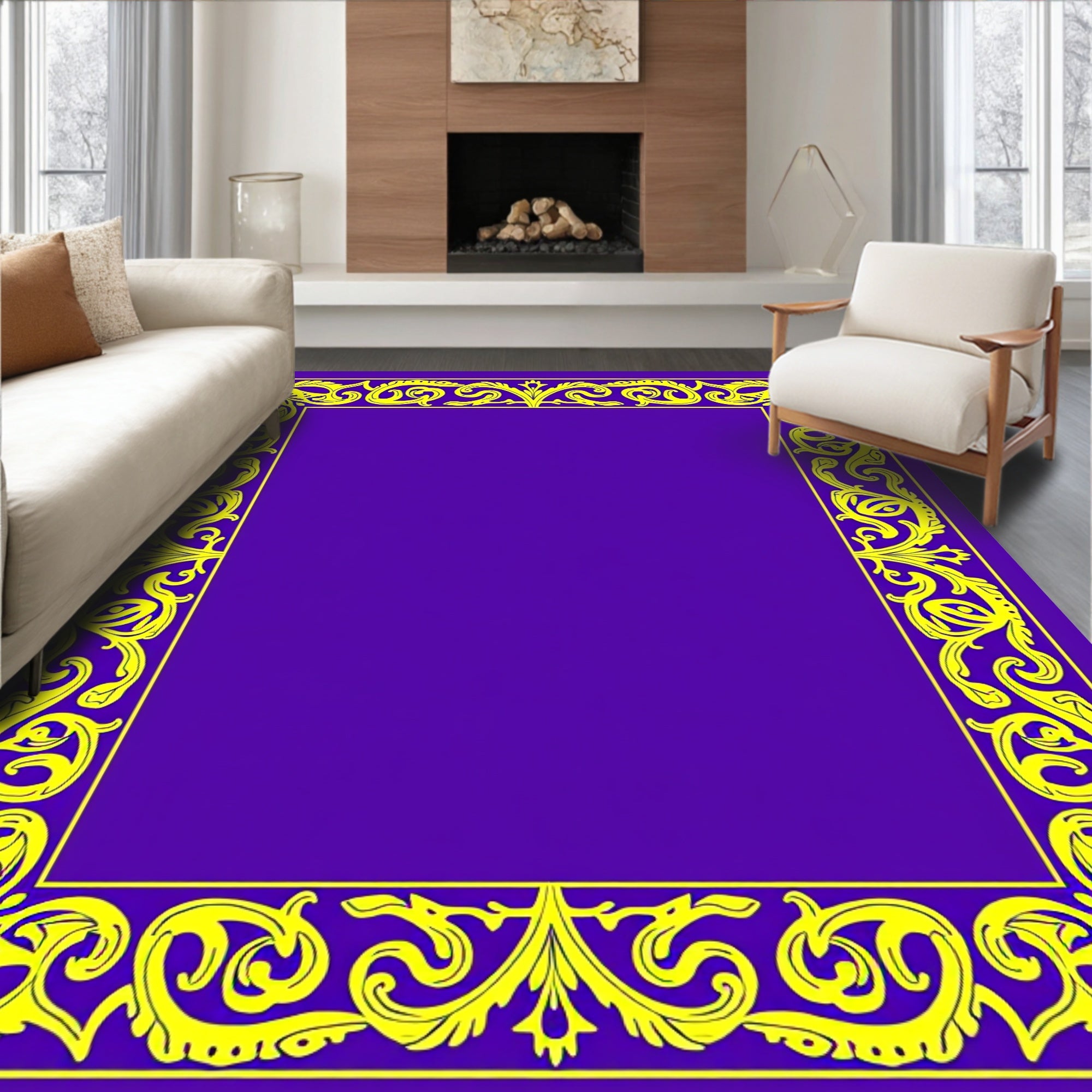 Ornate Yellow Floral Scroll Border Design Rug