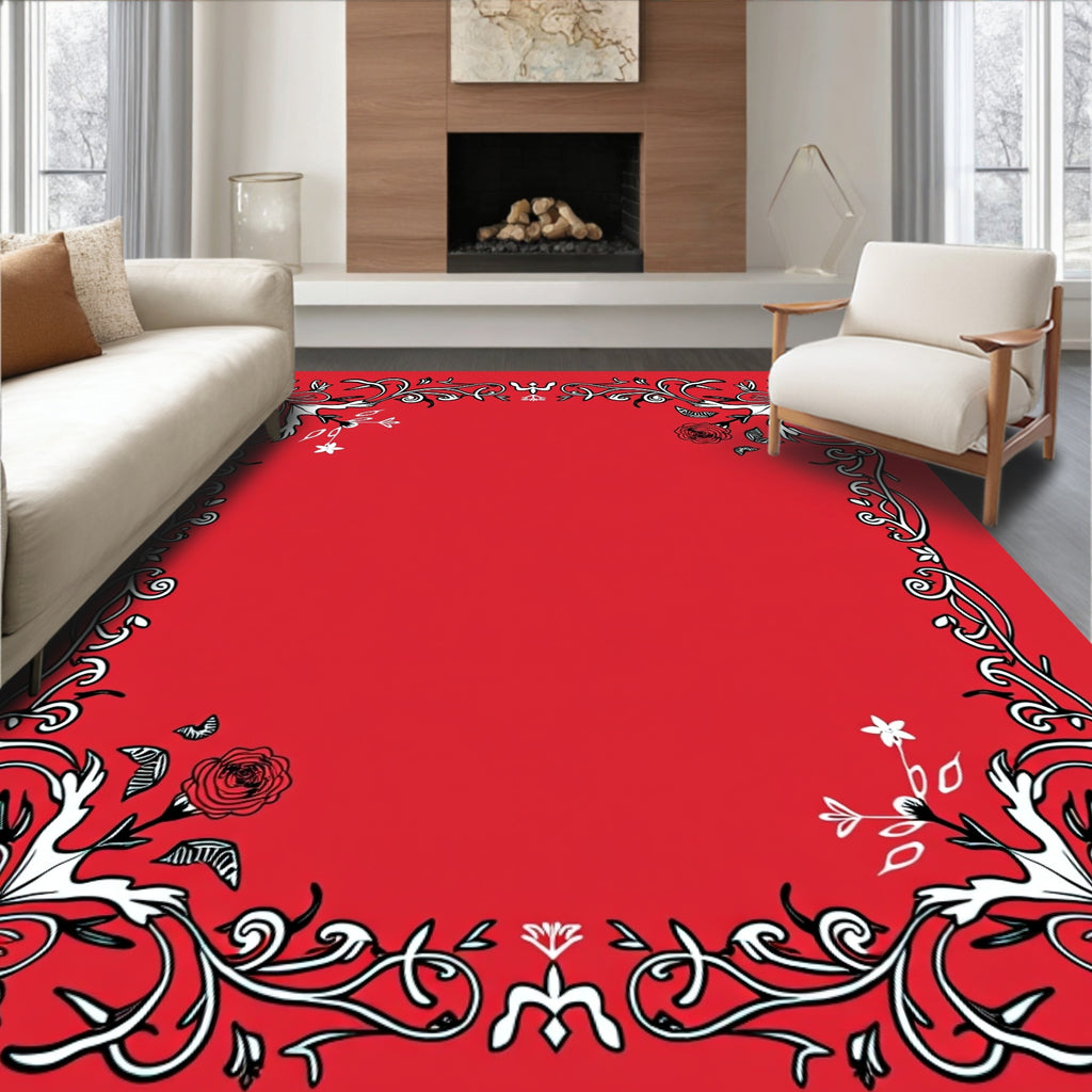 Red Floral Vines With Butterflies Rug