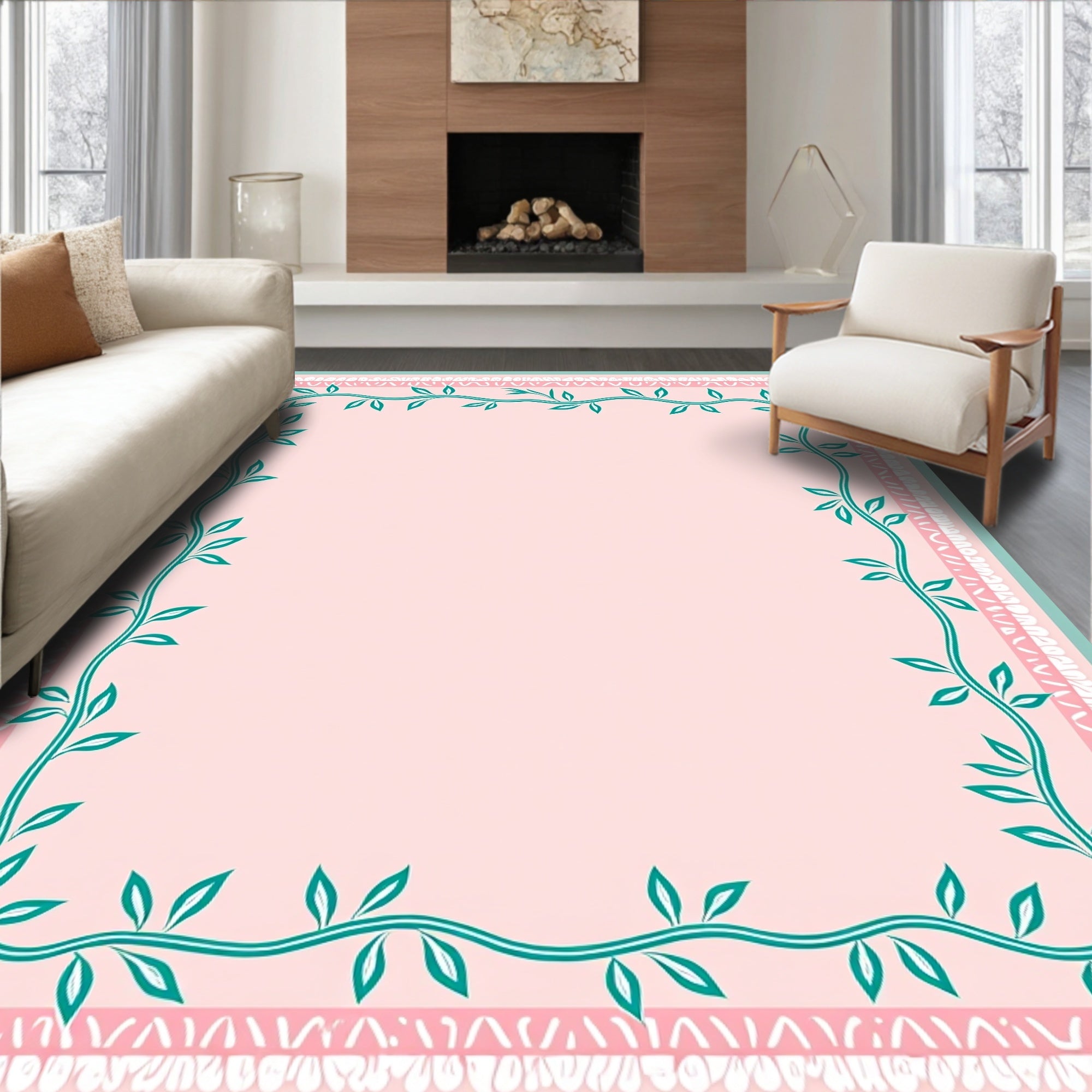 Teal Vine Bordered Pattern Rug