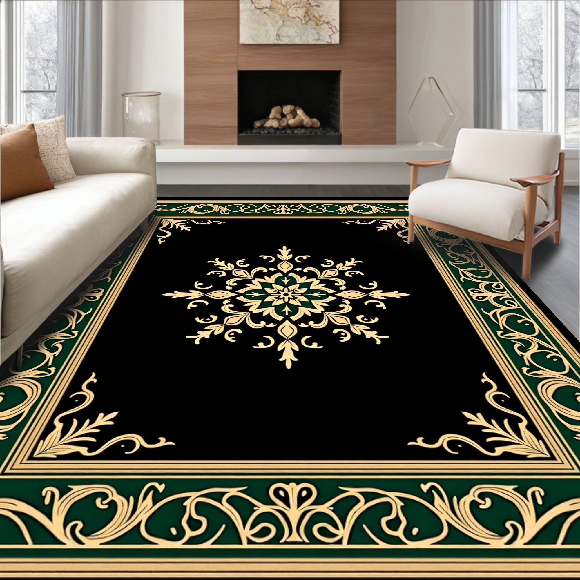 Golden Leaf Scroll Border Design Rug