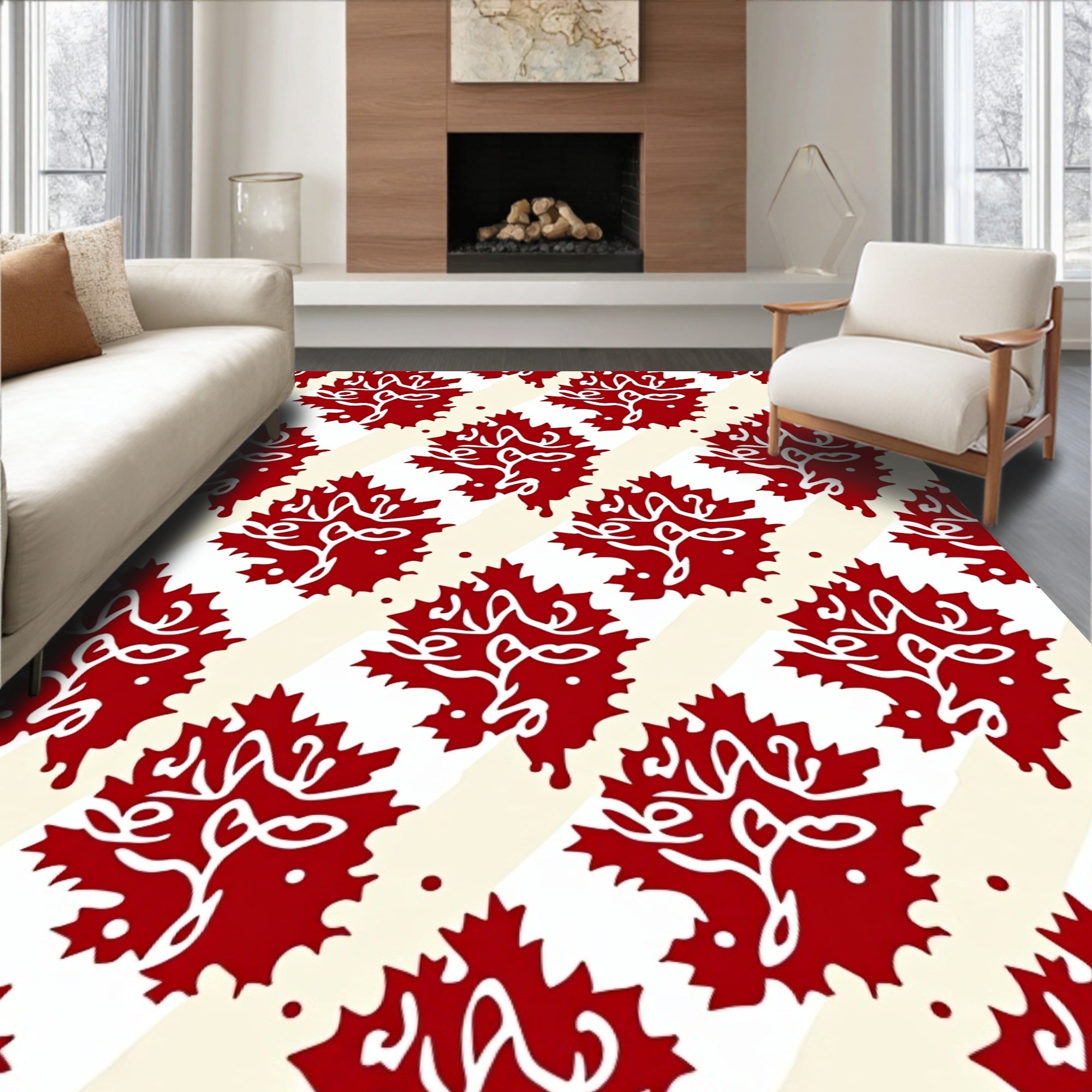 Red White Leafy Diagonal Pattern Rug