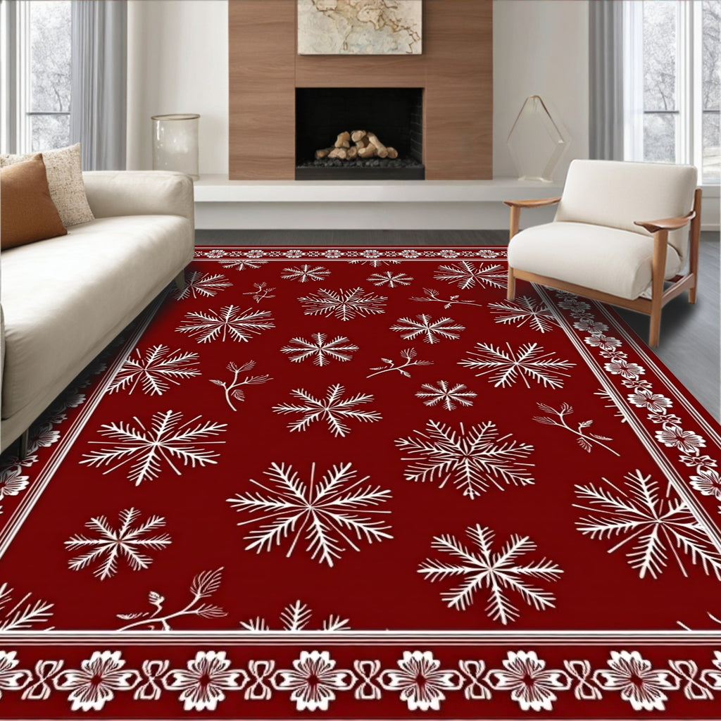 Elegant Snowflake Patterned Red Rug