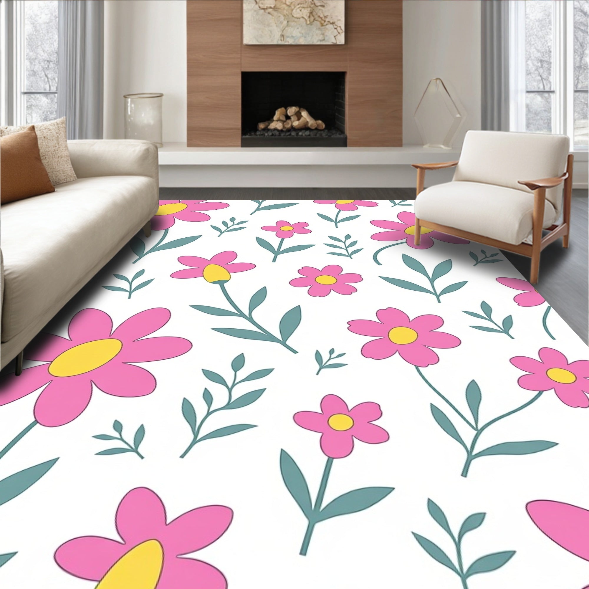 Pink Daisy Pattern With Green Leaves Rug