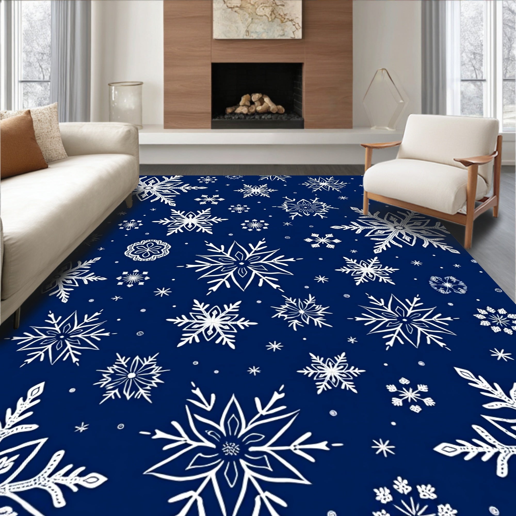 White Snowflakes On Dark Blue Design Rug