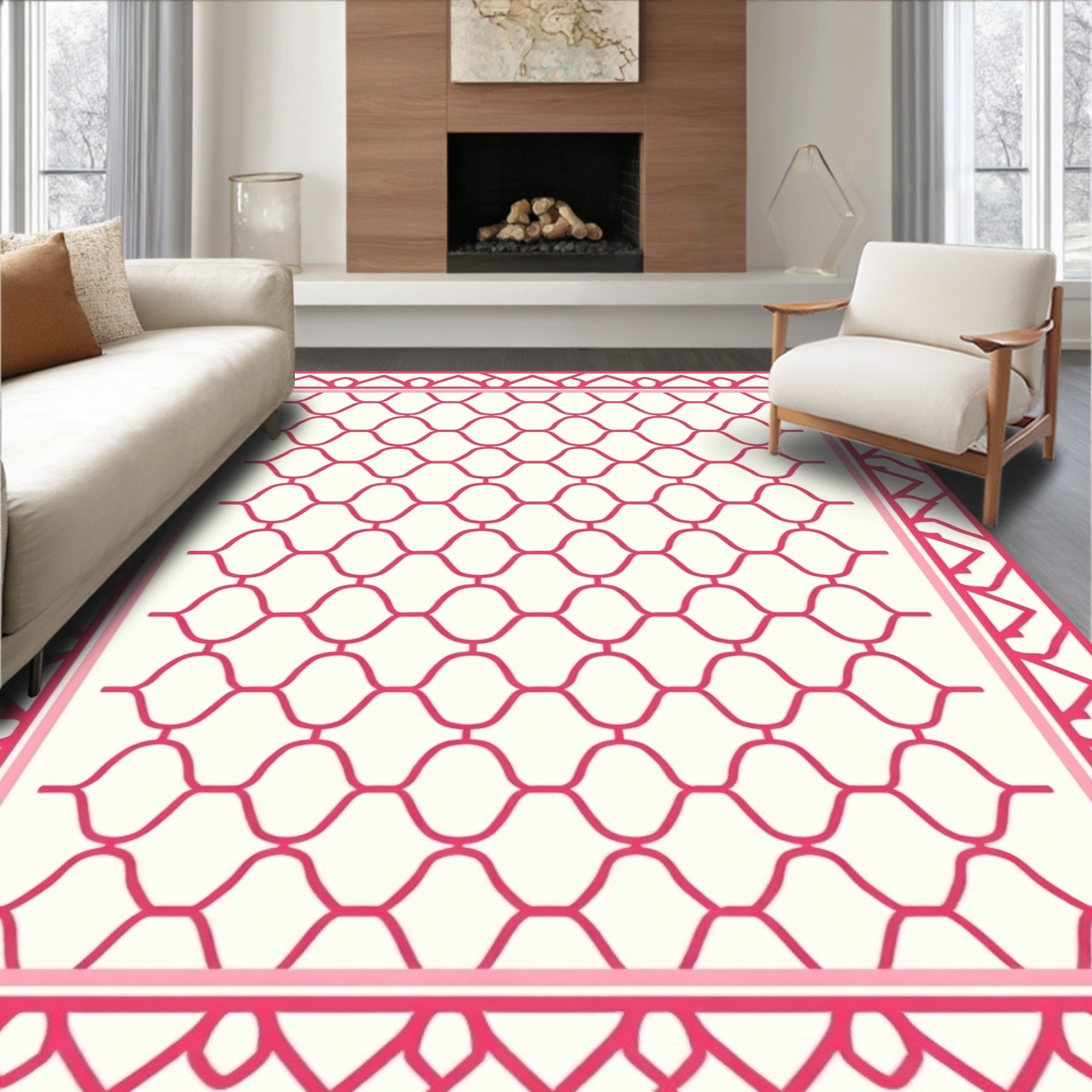 Modern Pink Geometric Interlocking Pattern Rug
