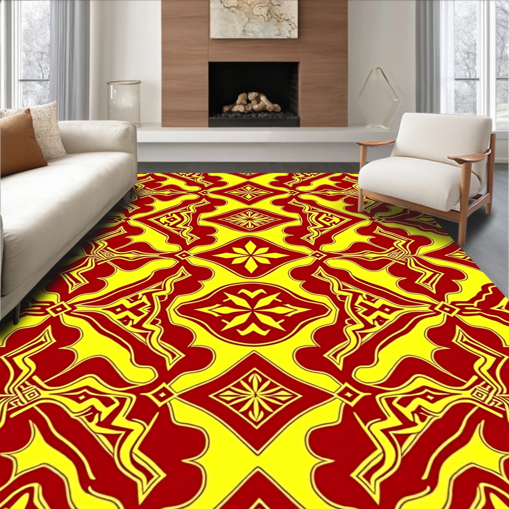 Red Yellow Ornate Geometric Pattern Rug