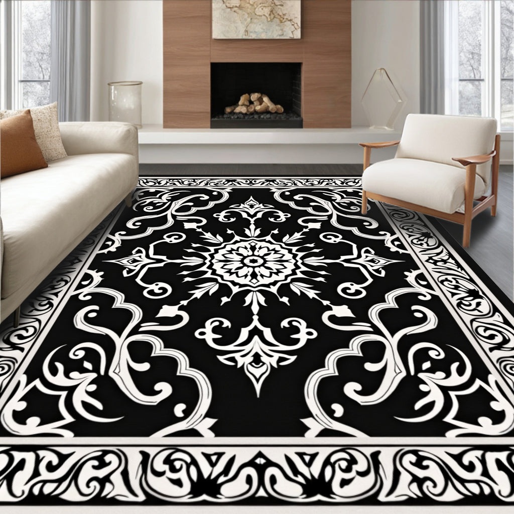 Black White Classic Floral Medallion Rug