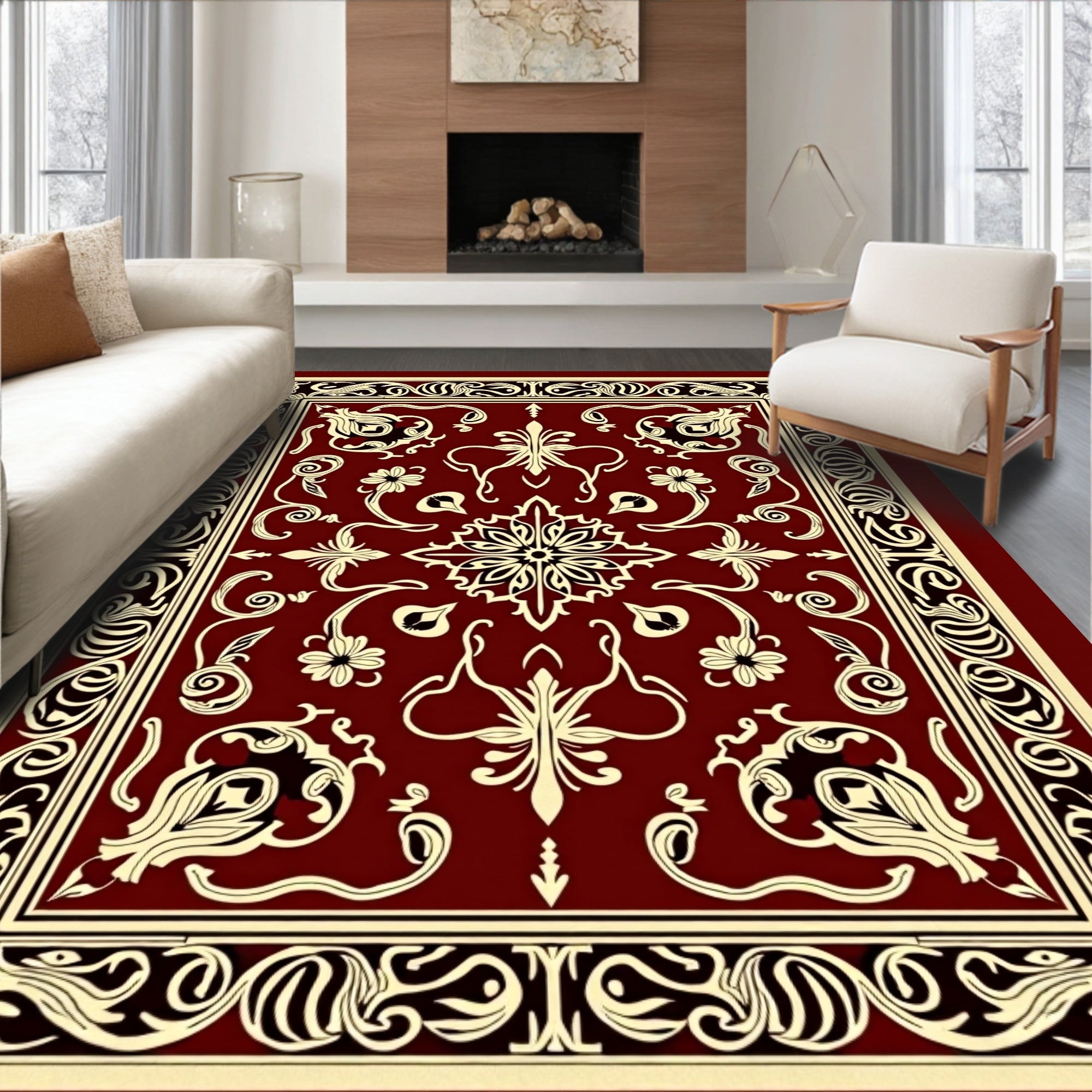 Rich Red Floral Scroll Pattern Rug