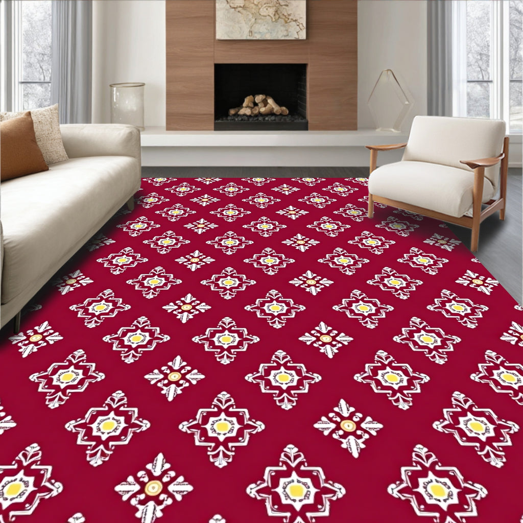 Classic Red Floral Geometric Pattern Rug