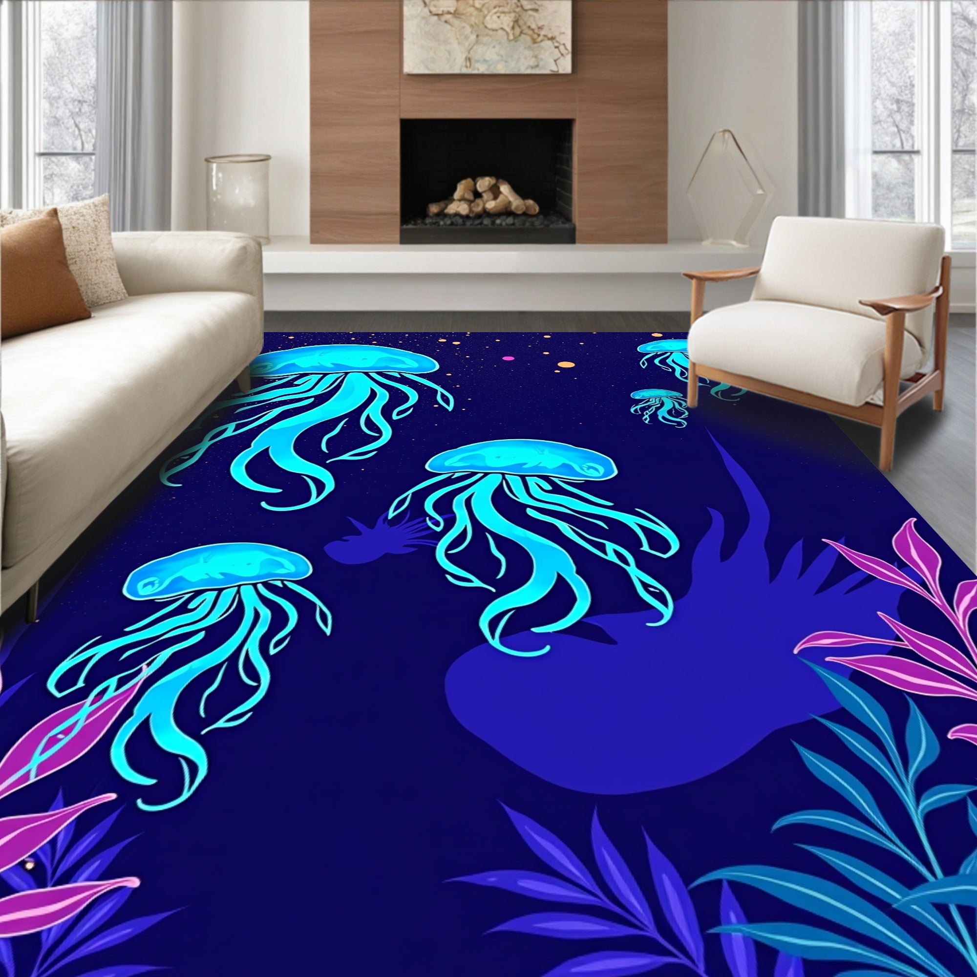 Vibrant Jellyfish and Dark Flora Pattern Rug