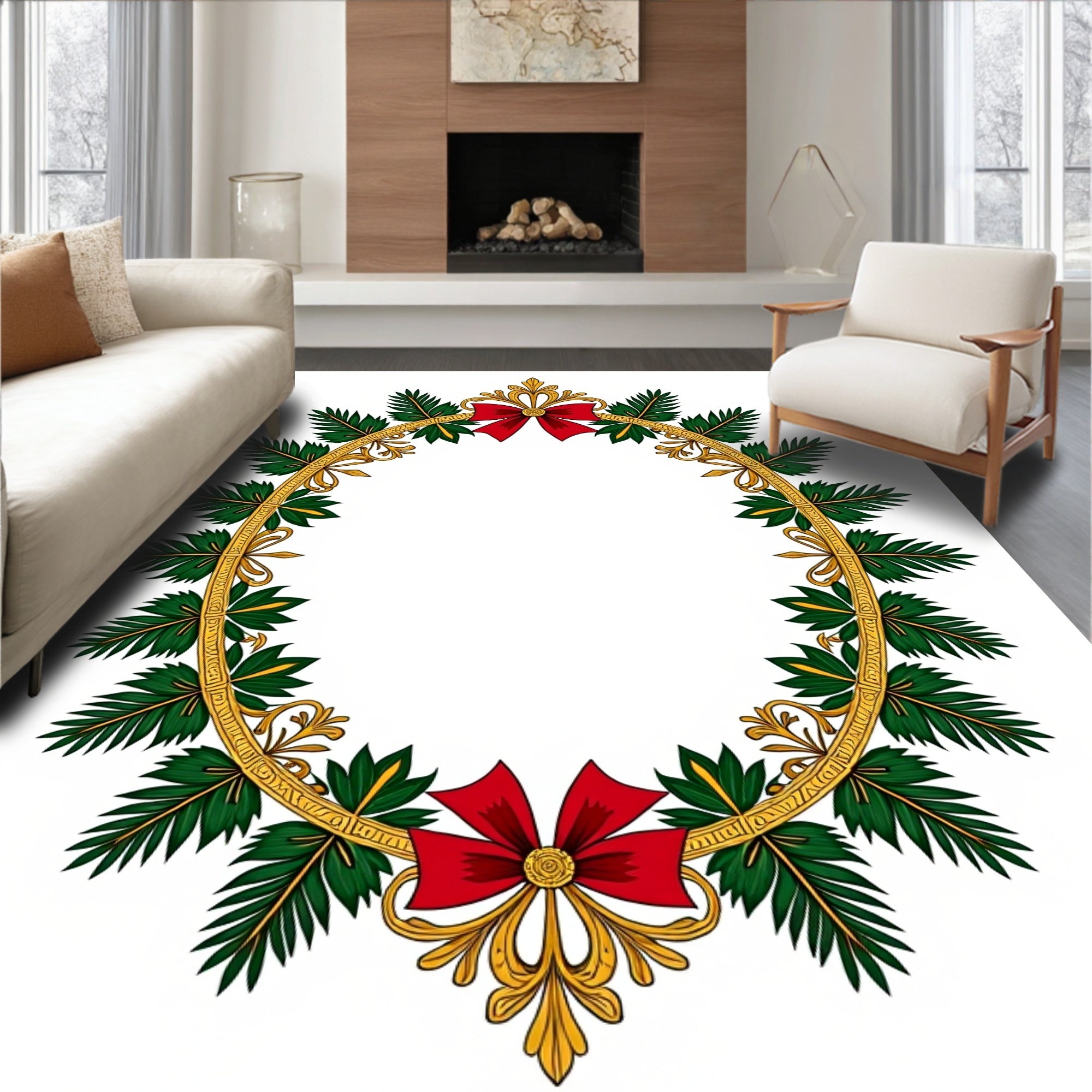 Ornate Green Foliage Red Bow Design Rug