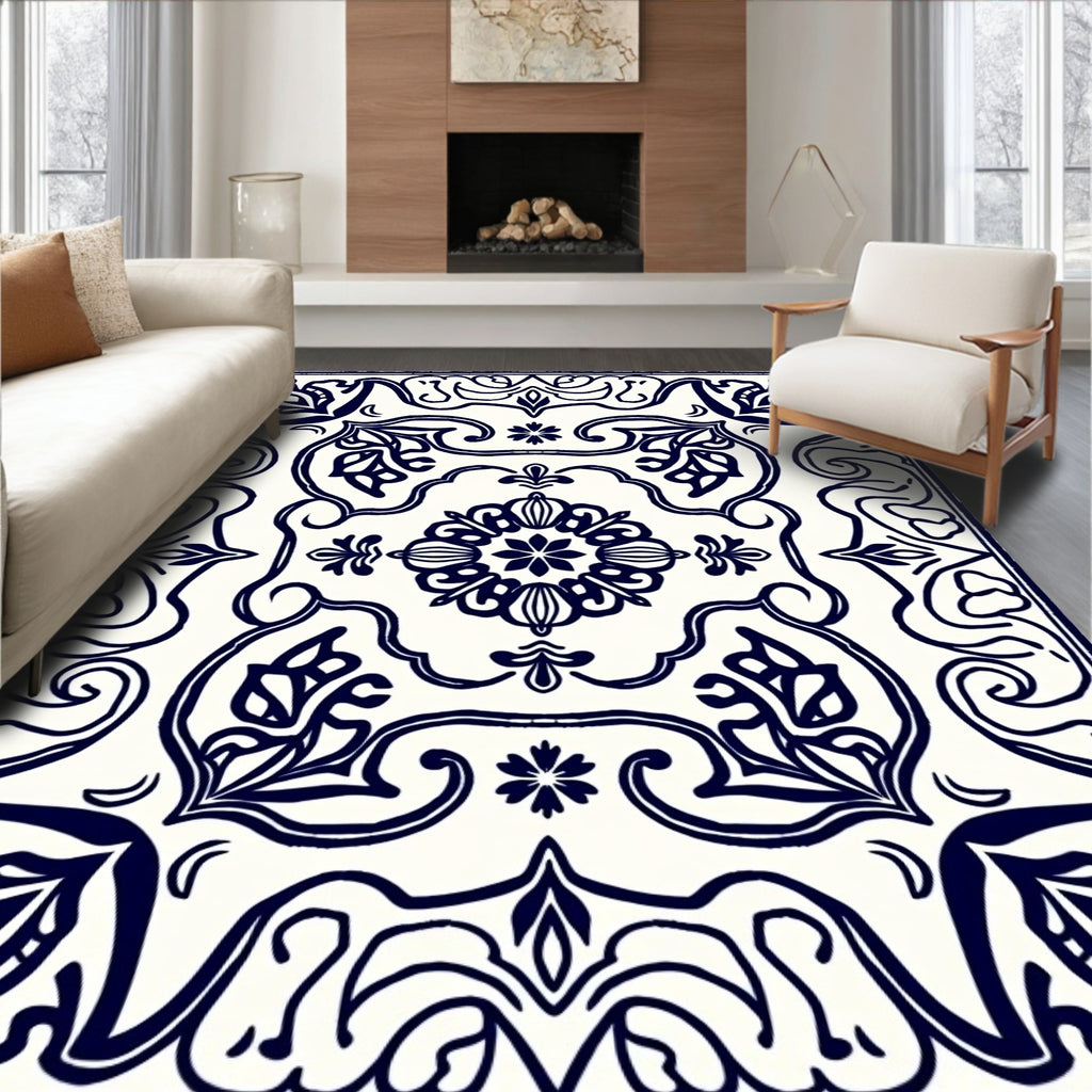 Classic Navy Floral Ornate Pattern Rug