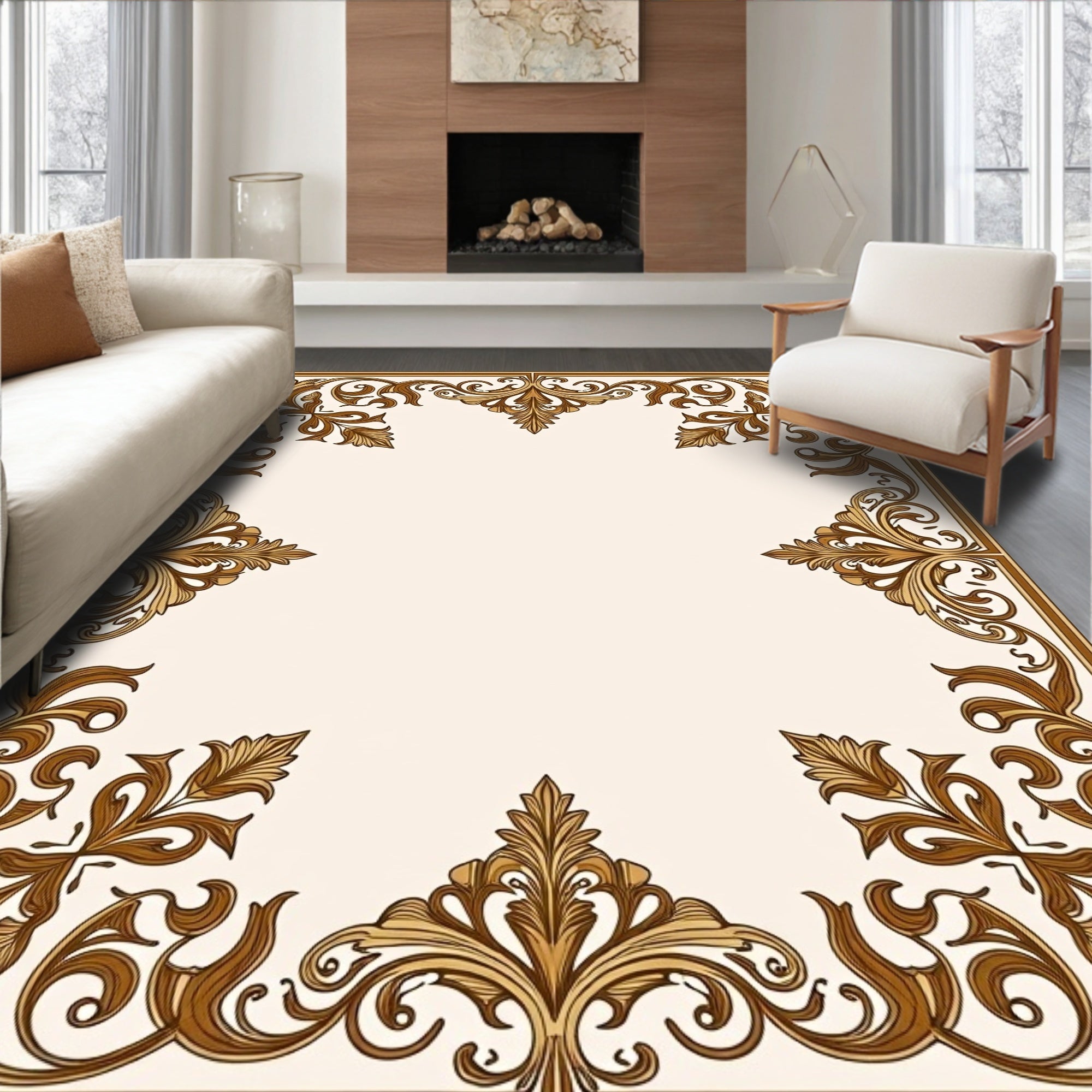 Ornate Floral Scrollwork Golden Brown Border Rug
