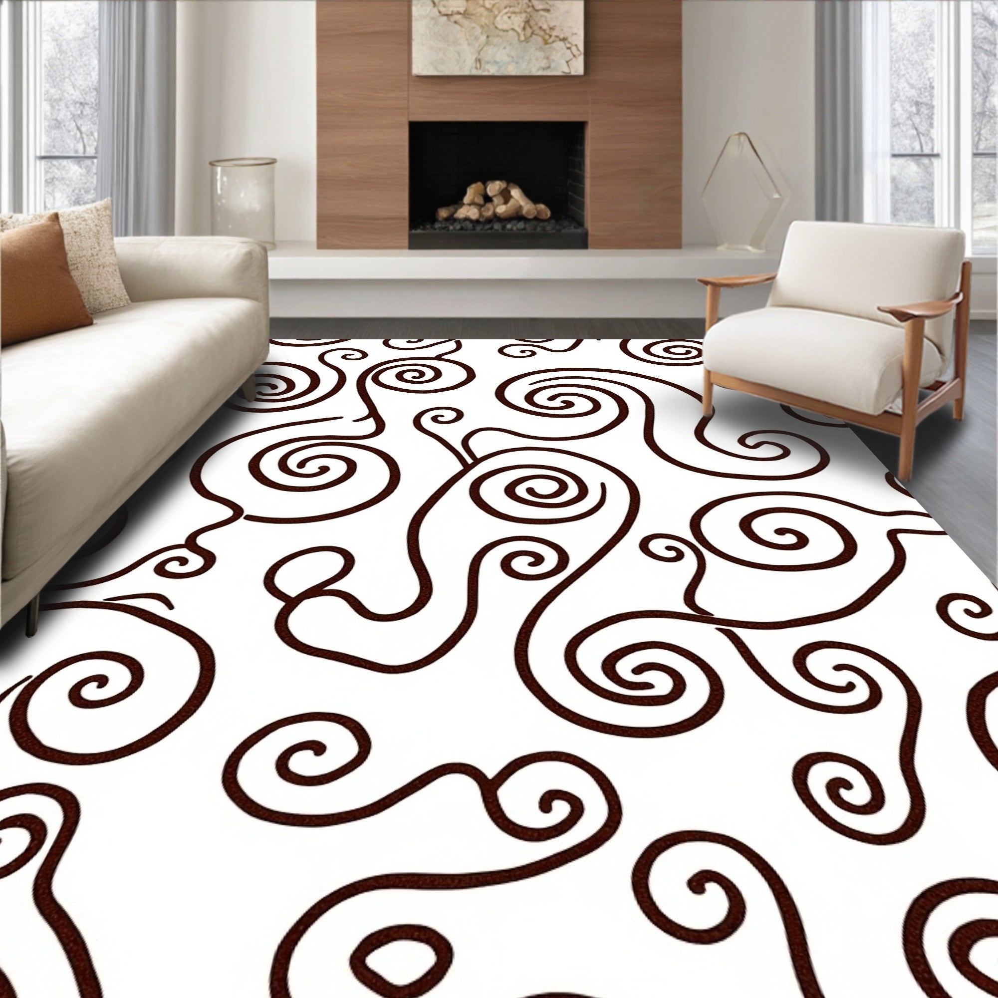 Dark Swirls White Abstract Organic Pattern Rug
