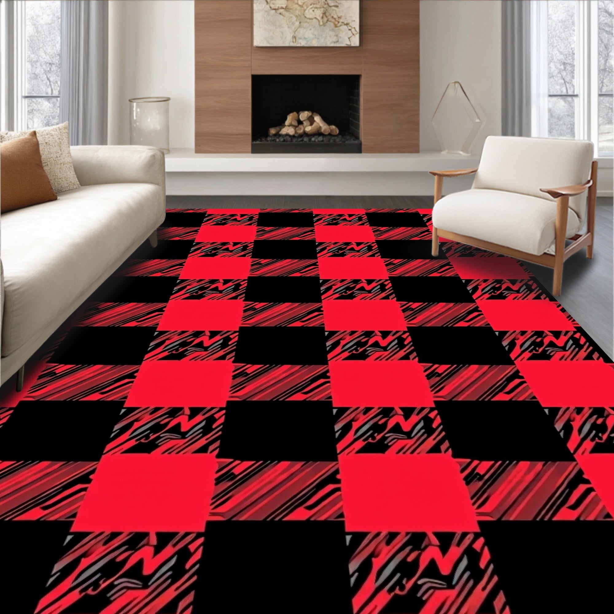 Red Black Abstract Checkered Design Rug