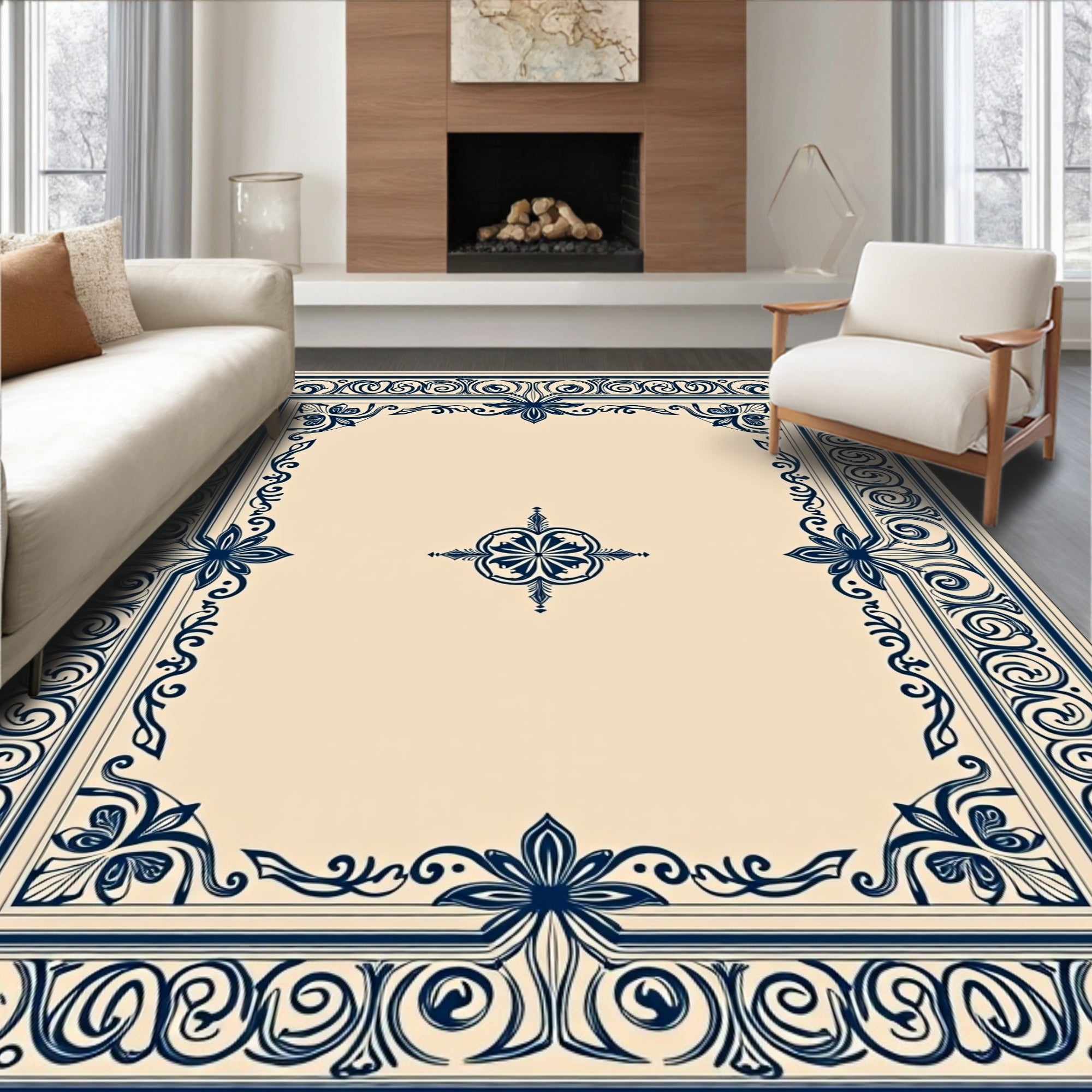 Navy Floral Border Ornate Design Rug