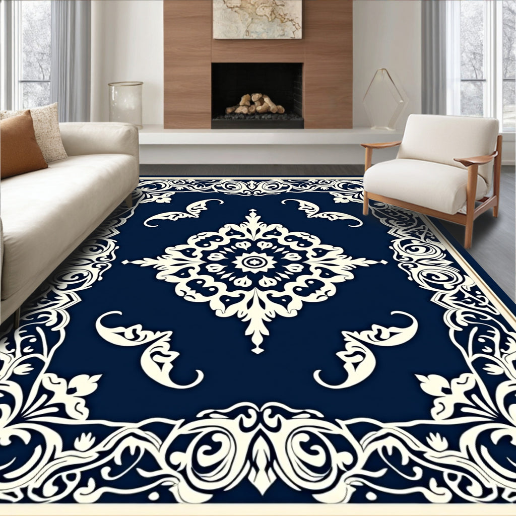 Elegant Ivory Scrollwork Navy Rug