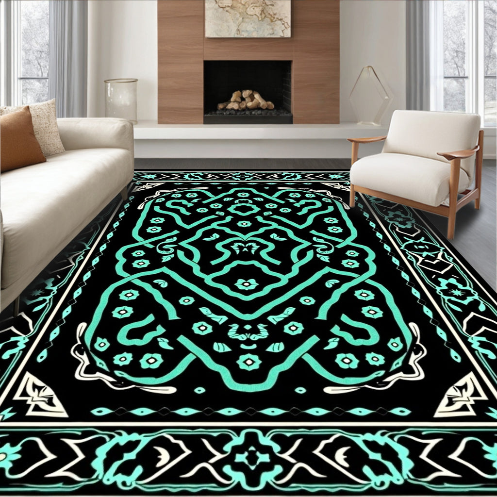 Black Aqua Intricate Floral Border Rug