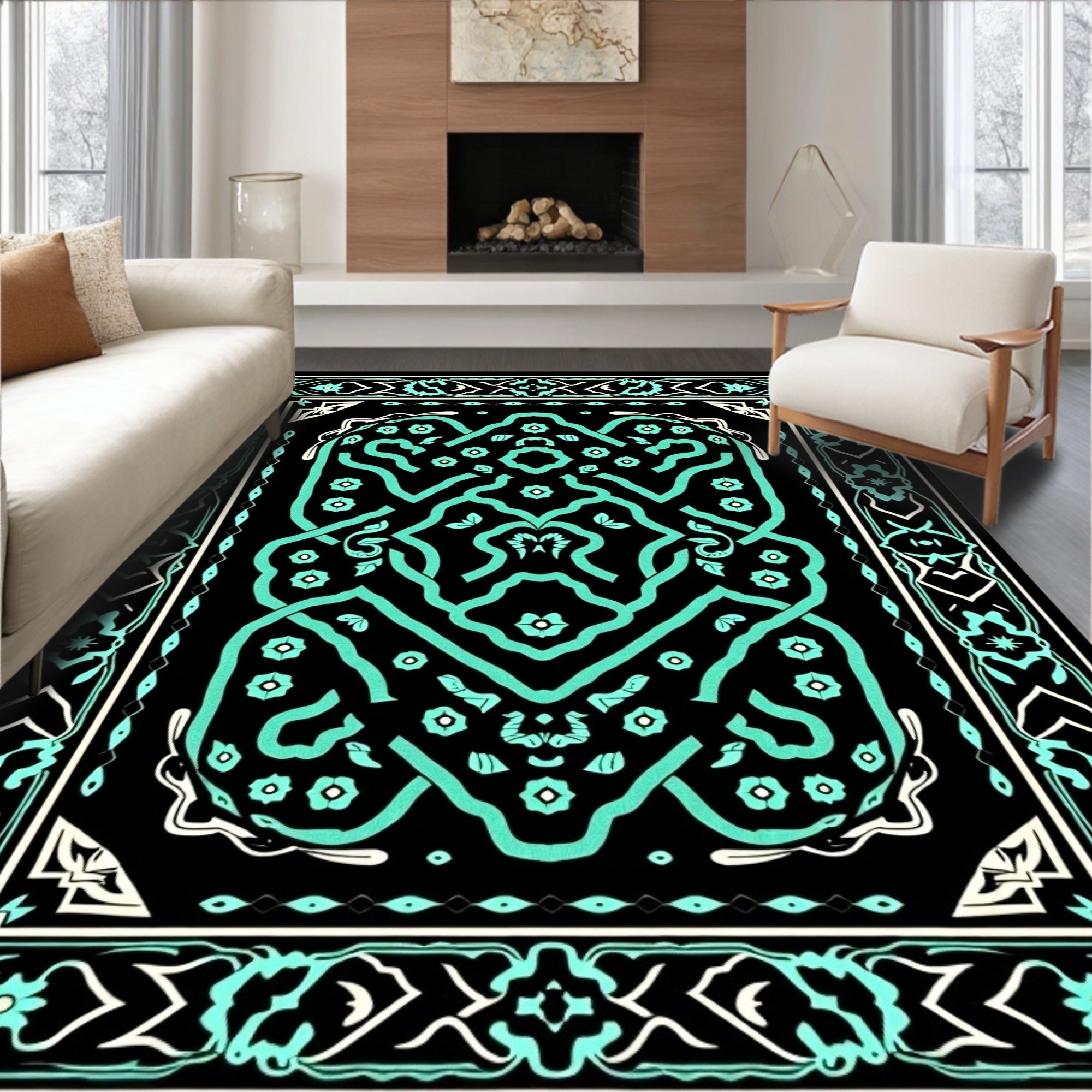 Black Aqua Intricate Floral Border Rug