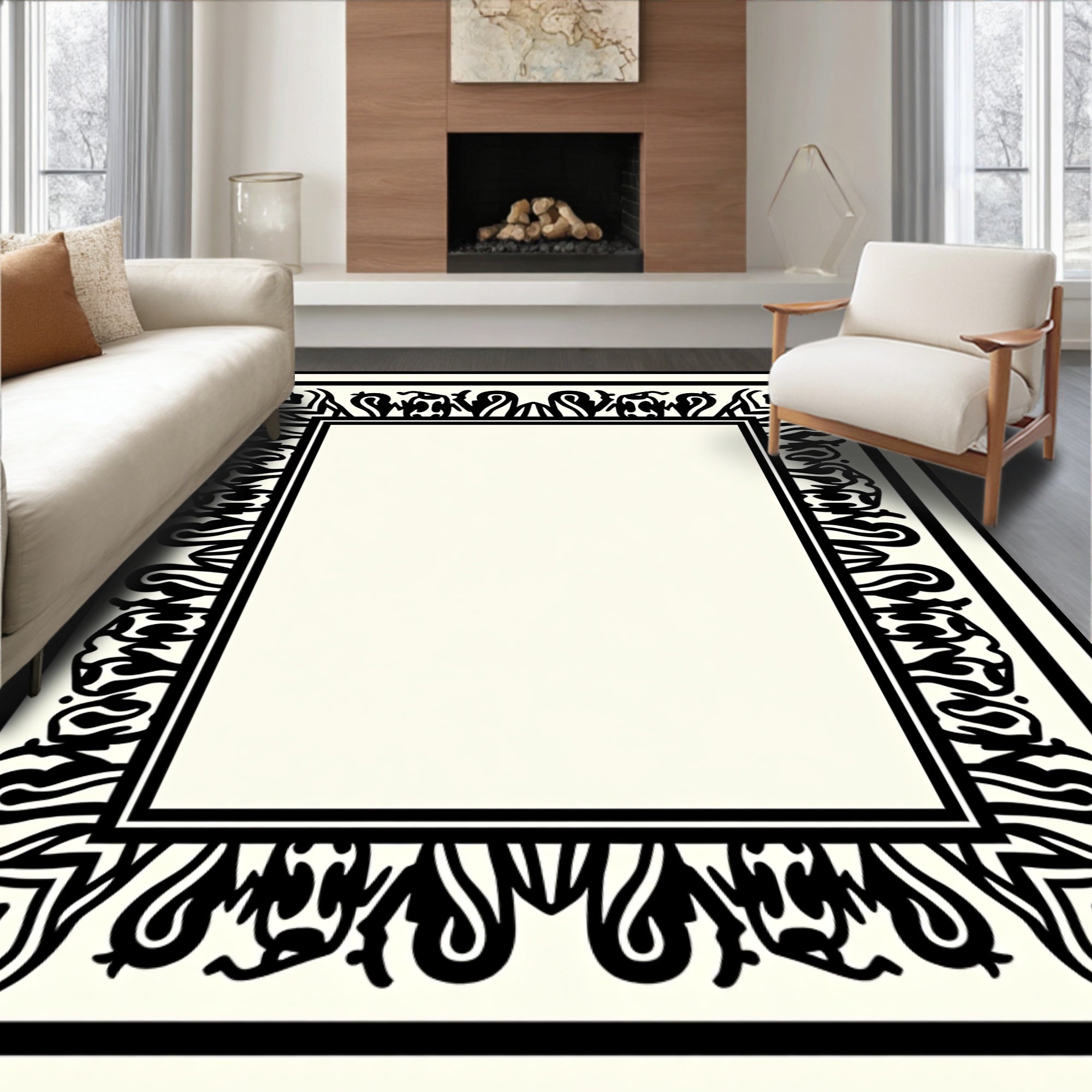 Bold Black Cream Abstract Motif Rug