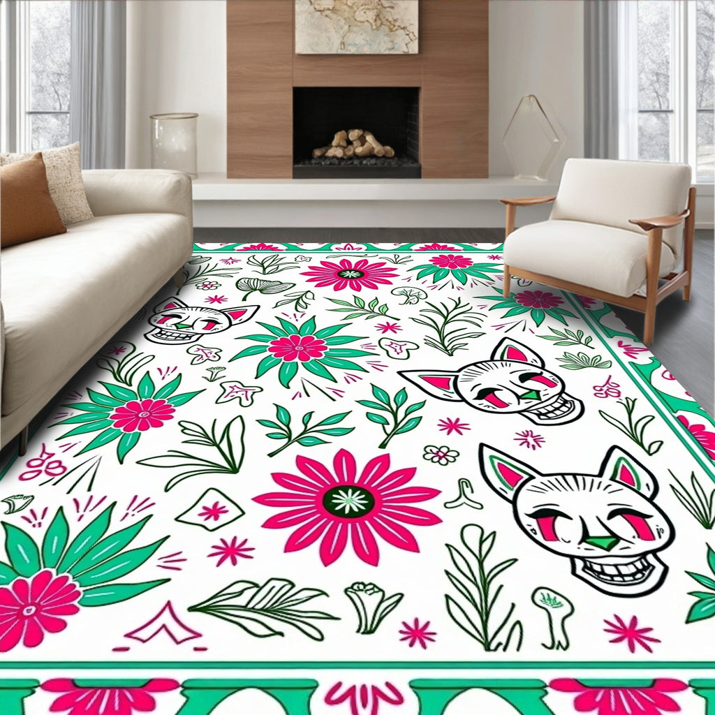 Whimsical Cat Skull Floral Pattern Rug