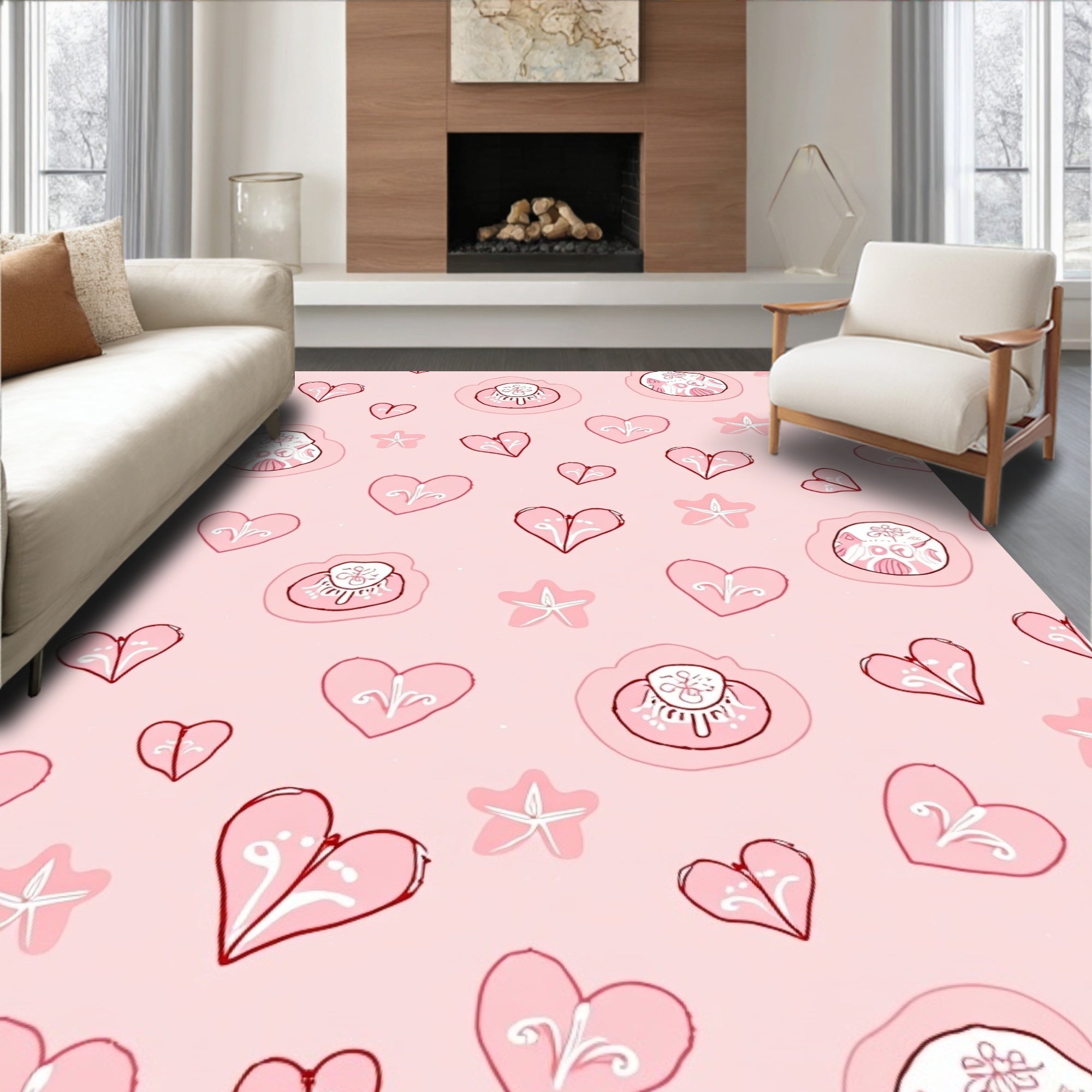 Pink Hearts Star Whimsical Pattern Rug
