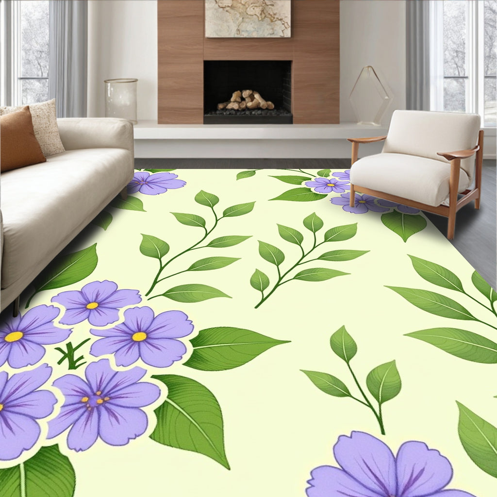 Delicate Purple Flowers Green Leaves Rug