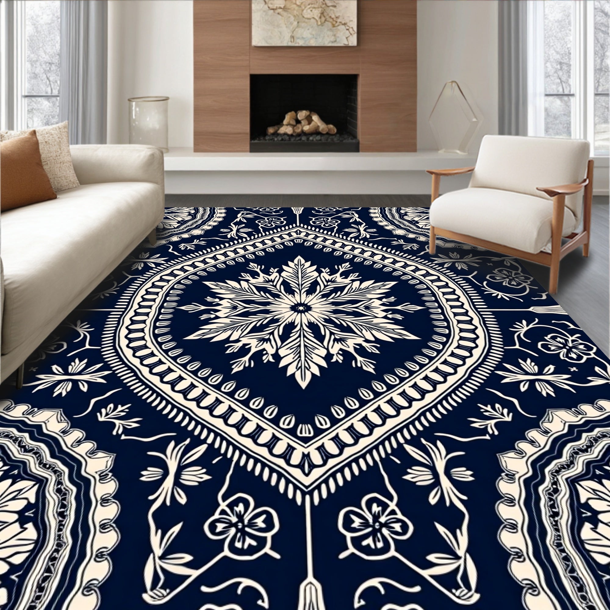 Intricate Paisley Floral Dark Navy Cream Design Rug