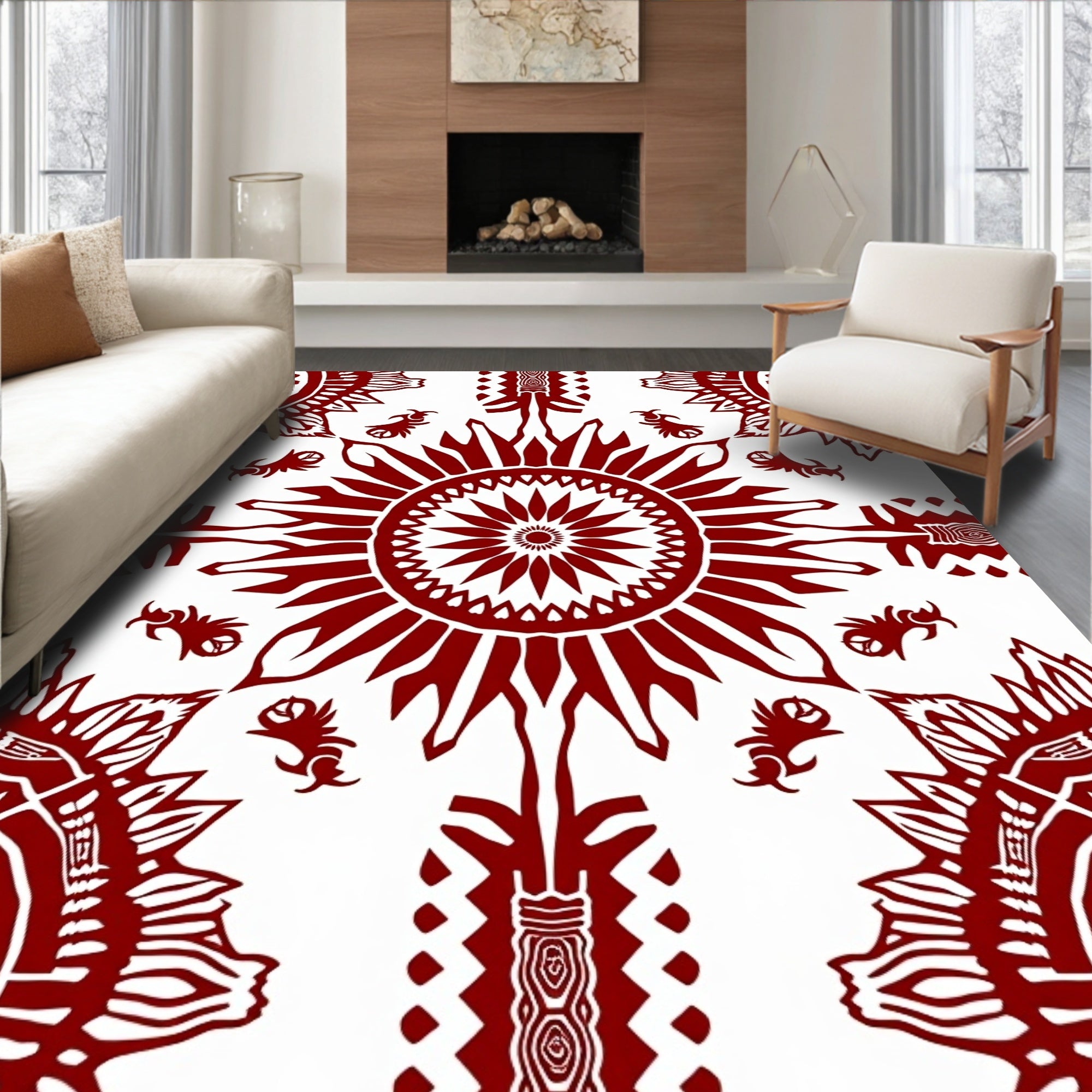 Deep Red Sunburst Mandala Botanical Design Rug