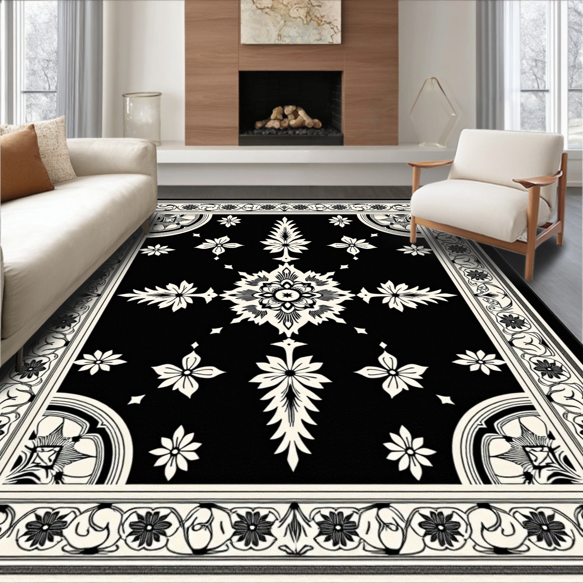 Ornate Black White Blossom Scroll Rug