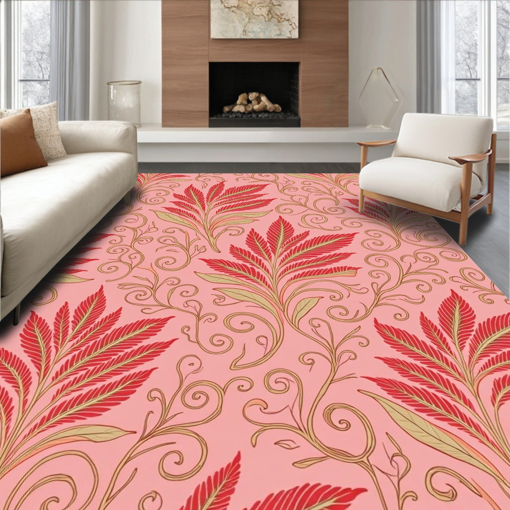 Vintage Floral Swirl Red Leaf Design Rug
