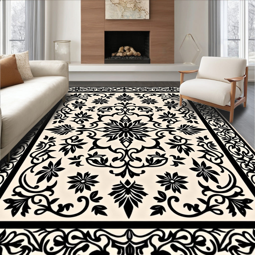 Elegant Black Floral Scrollwork Design Rug
