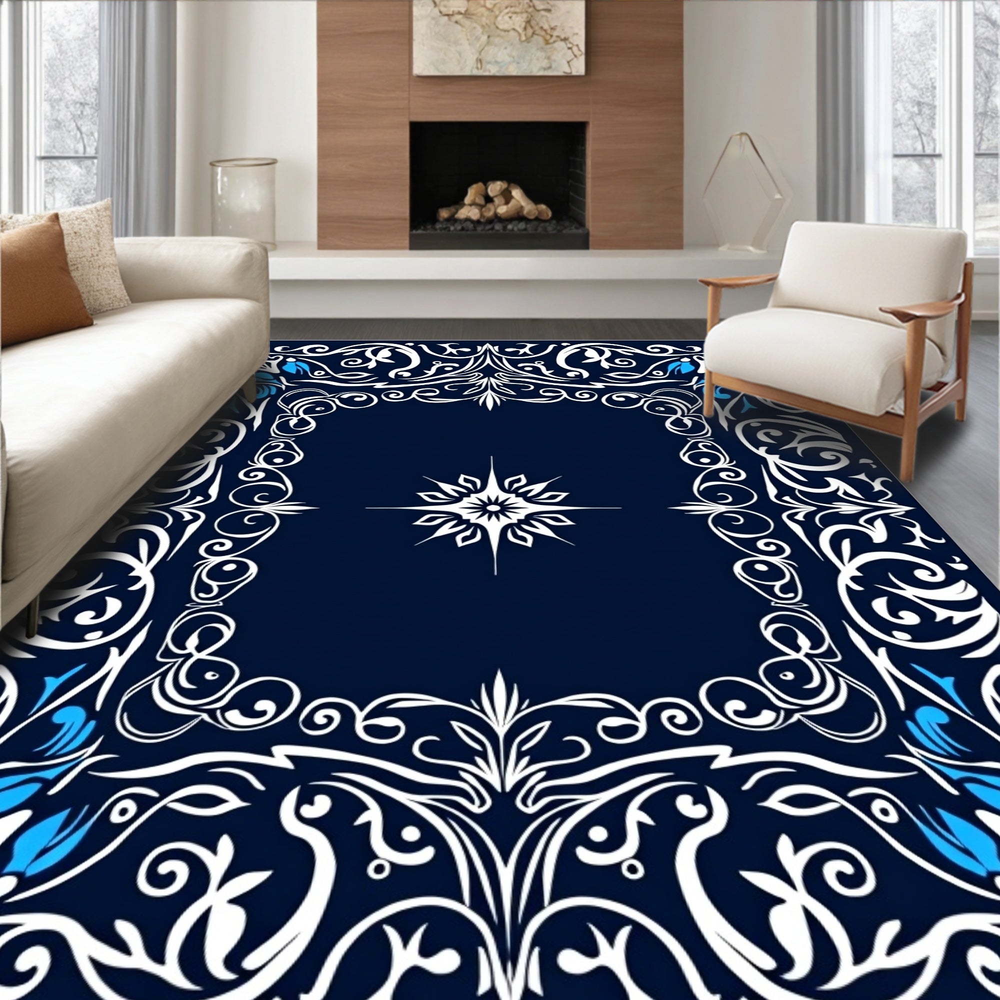 Ornate Blue White Floral Scrollwork Rug