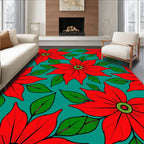Red Floral Bold Pattern Teal Background Rug
