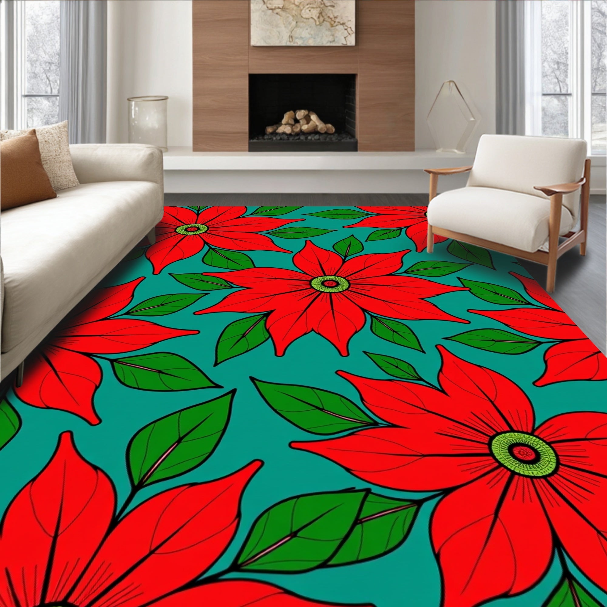 Red Floral Bold Pattern Teal Background Rug