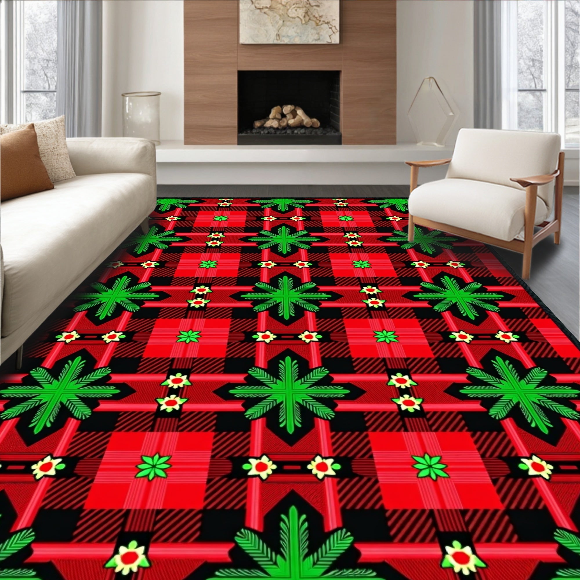 Bold Red Green Plaid Starburst Rug