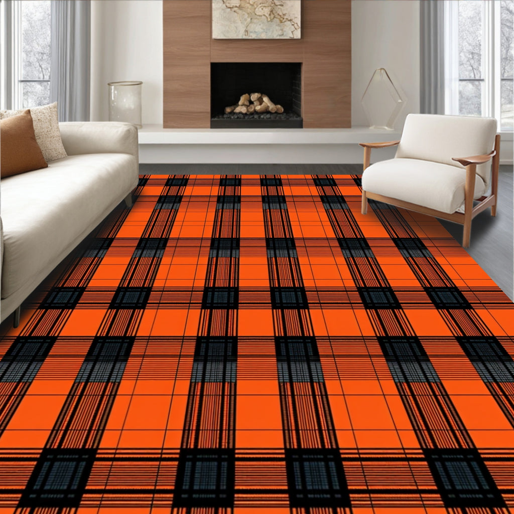 Bold Orange Plaid Pattern Rug