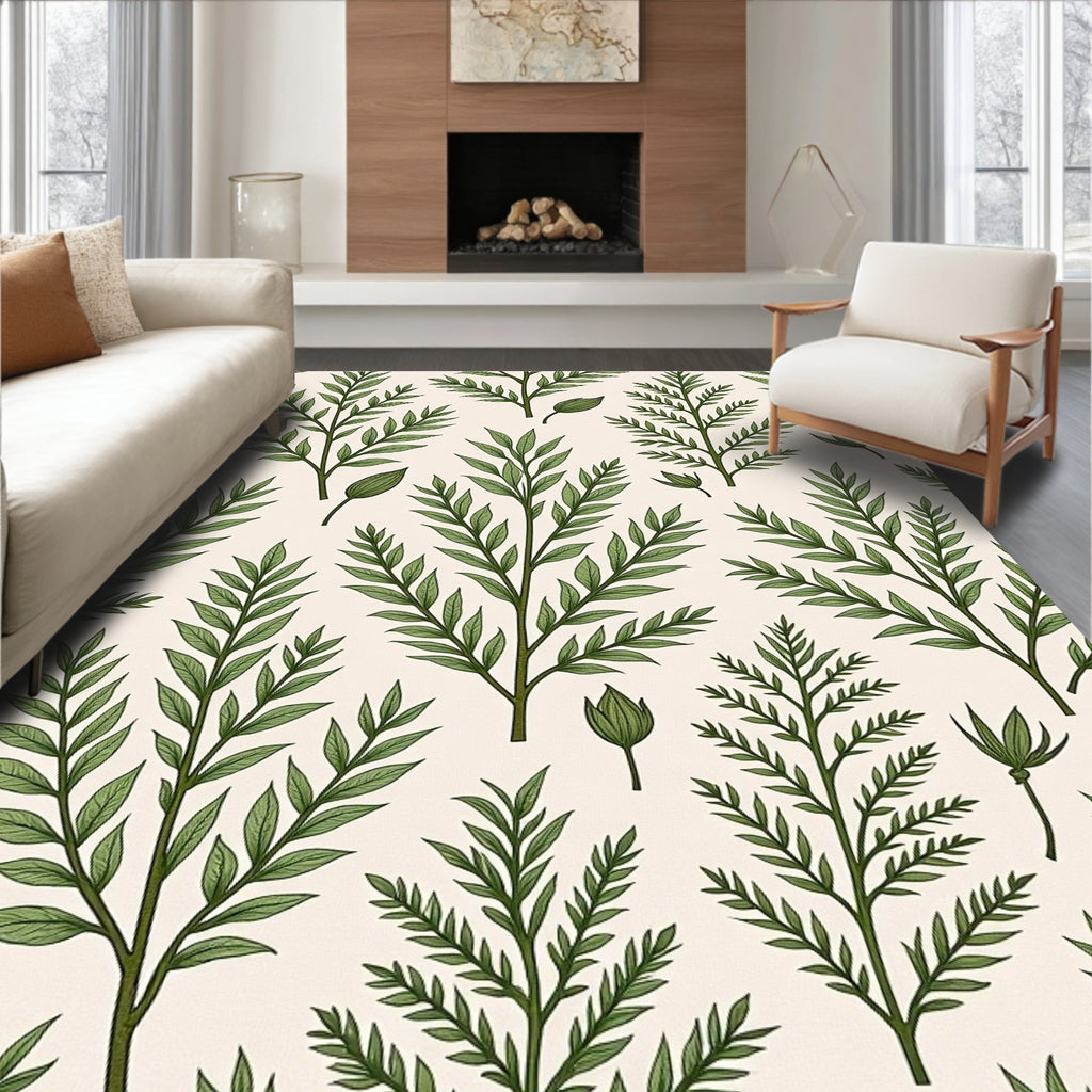 Botanical Green Leaf Branch Pattern Rug