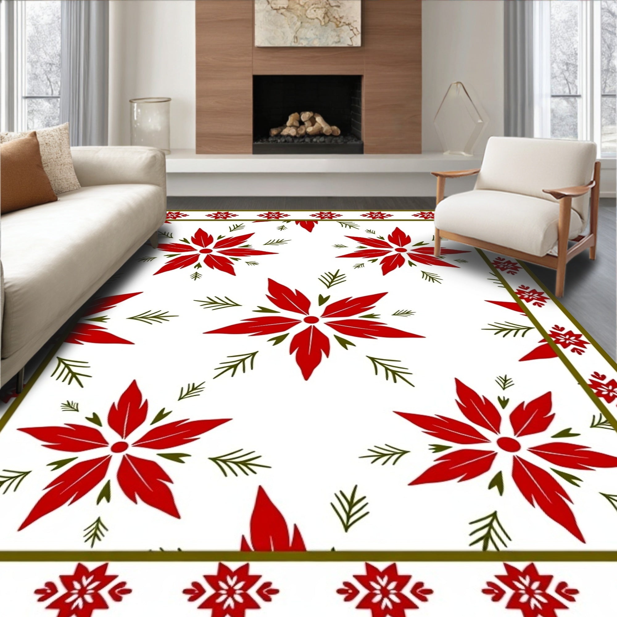 Red Poinsettia Floral Border Rug