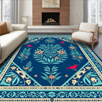 Deep Blue Floral Bird Tapestry Design Rug