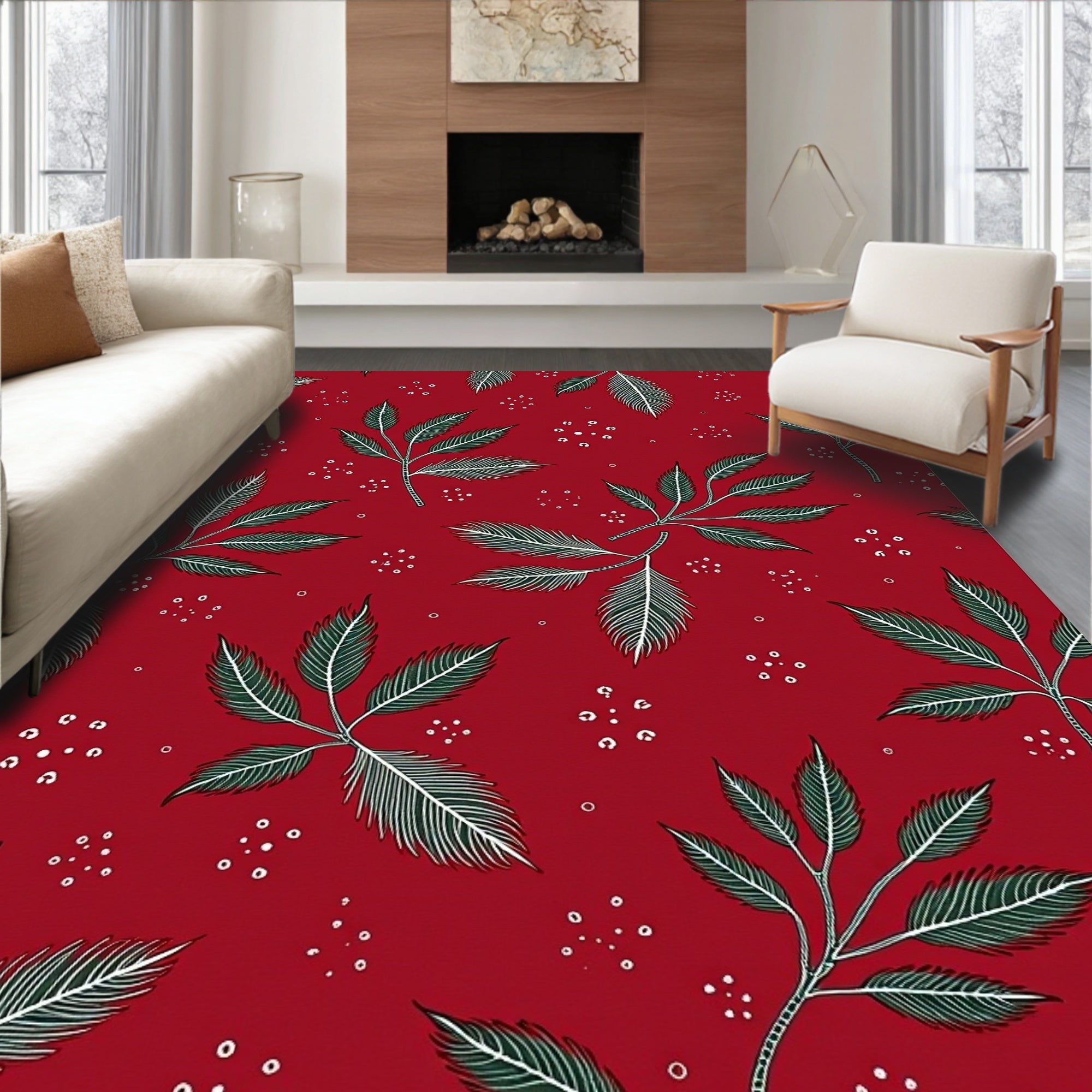 Red Leafy Branch Botanical Pattern Rug