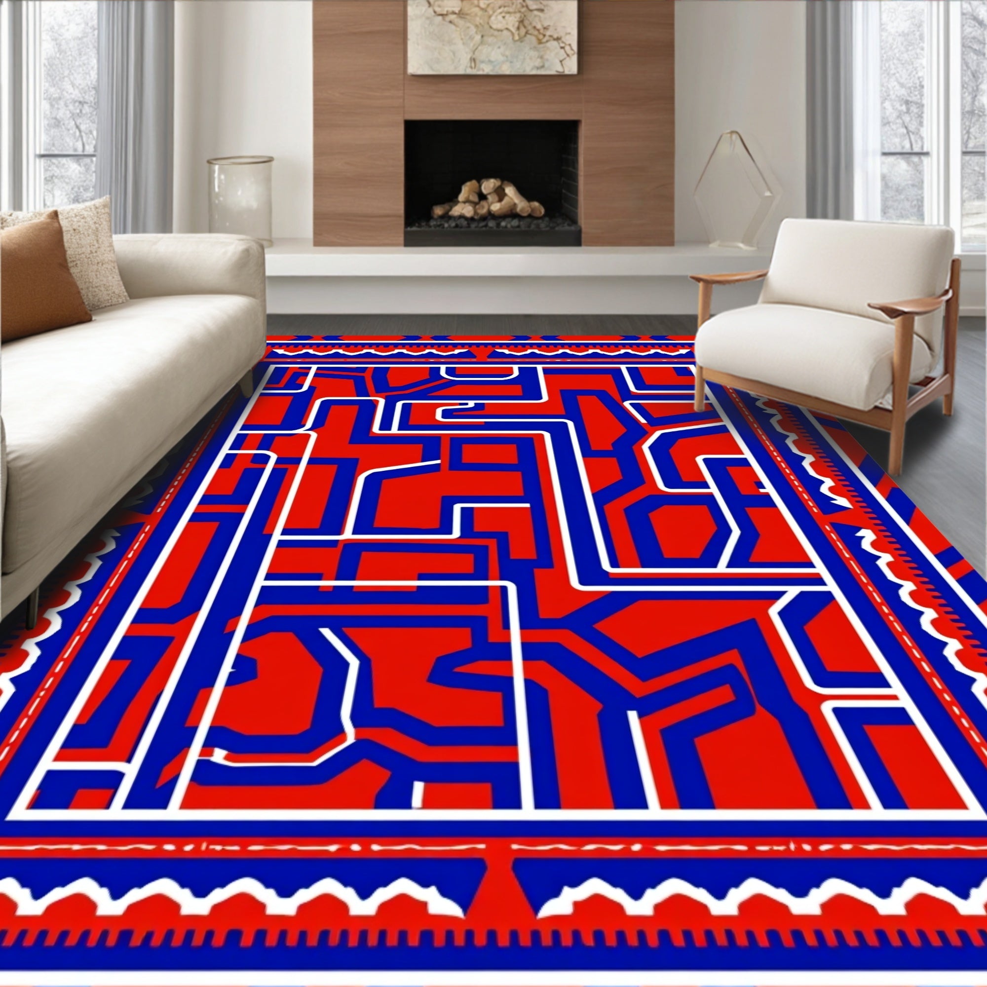 Bold Red Blue Geometric Maze Rug