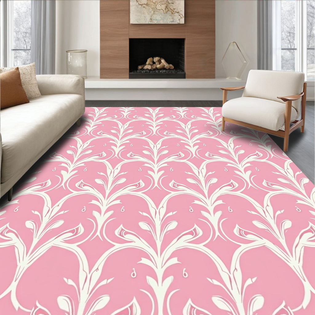 Pale Pink White Floral Damask Rug
